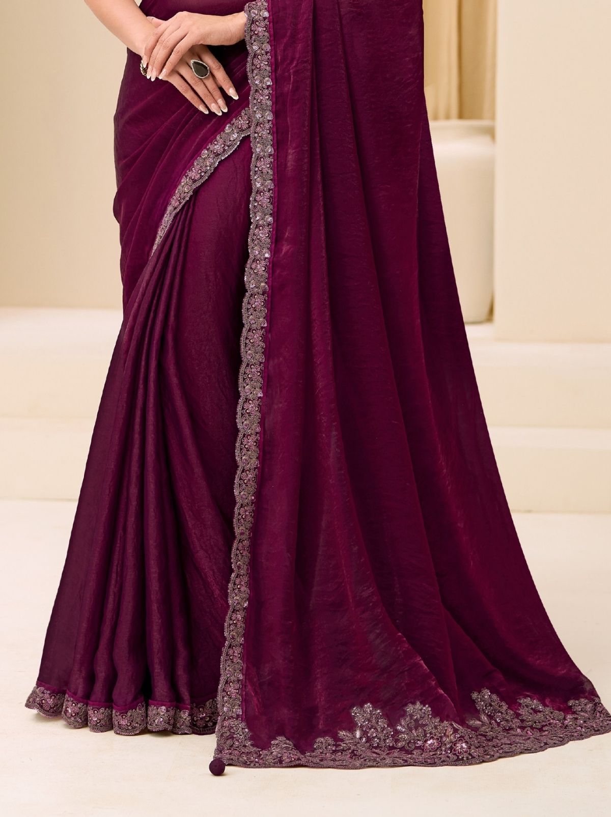 Wine Purple Designer Wedding saree With Blouse Piece - TrendOye