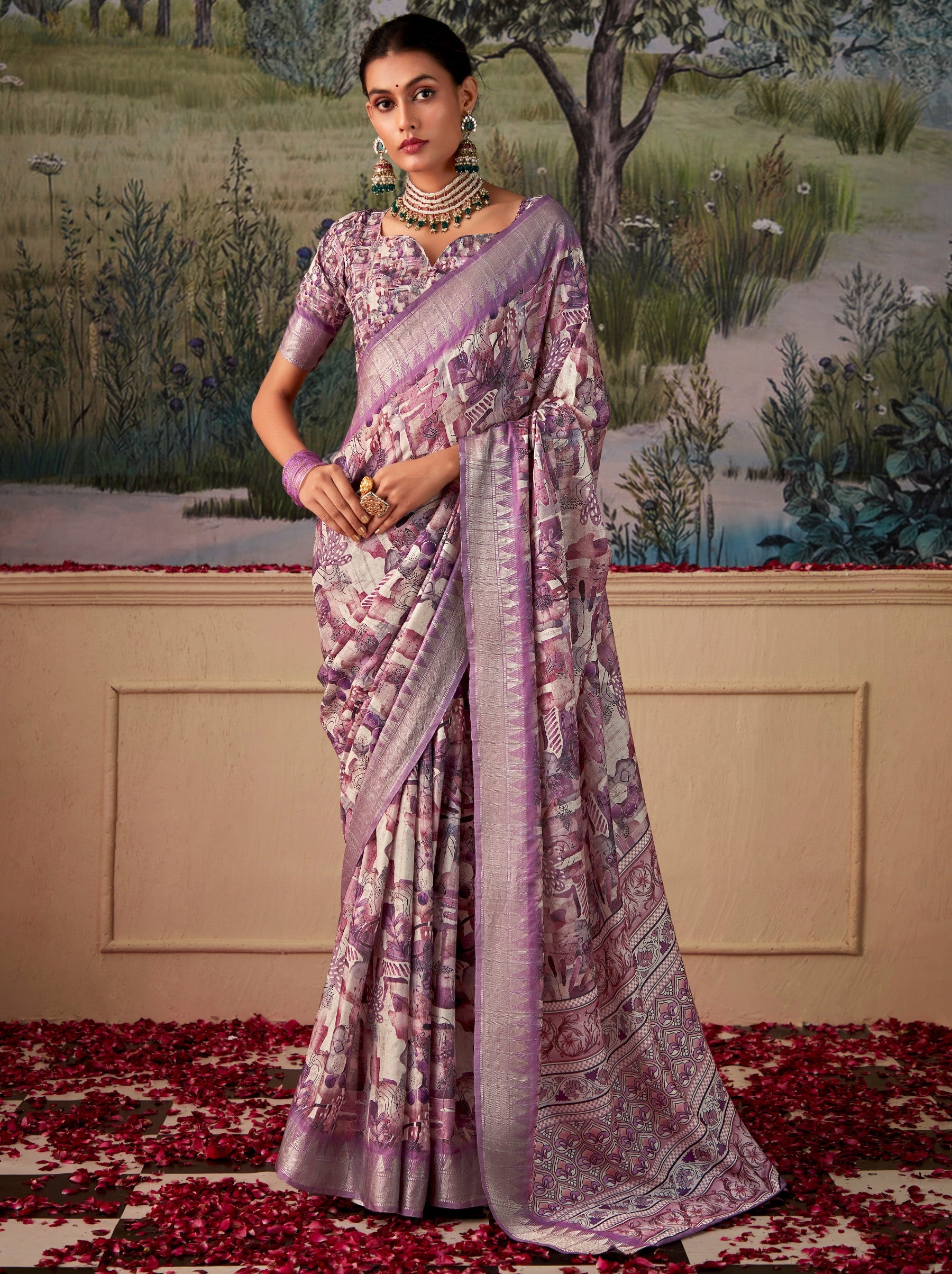 Plum Violet Fancy Digital Silk Festive Saree - TrendOye