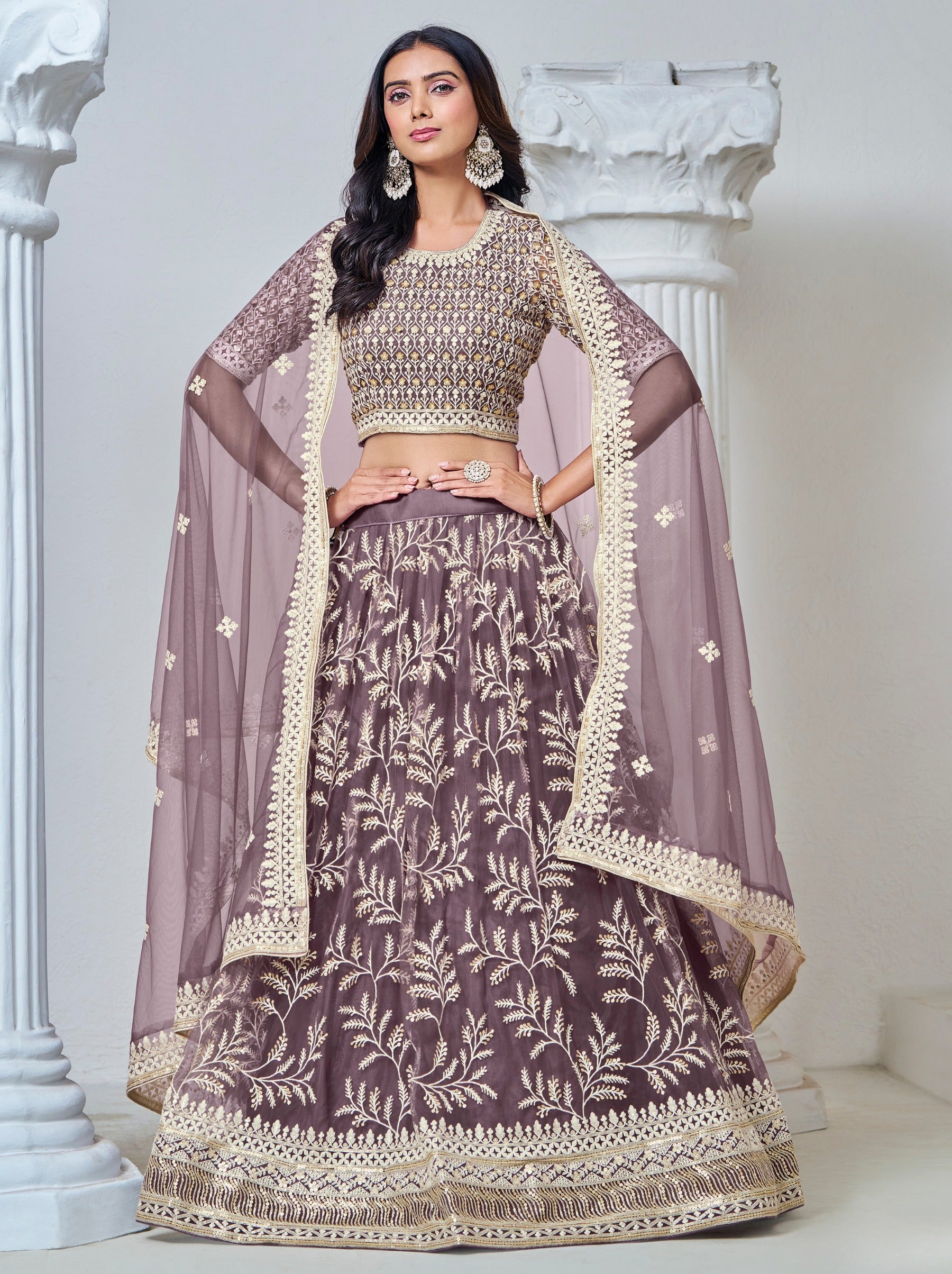 Elegant Mauve Violet Net Lehenga Set With Thread And Sequin Work - TrendOye