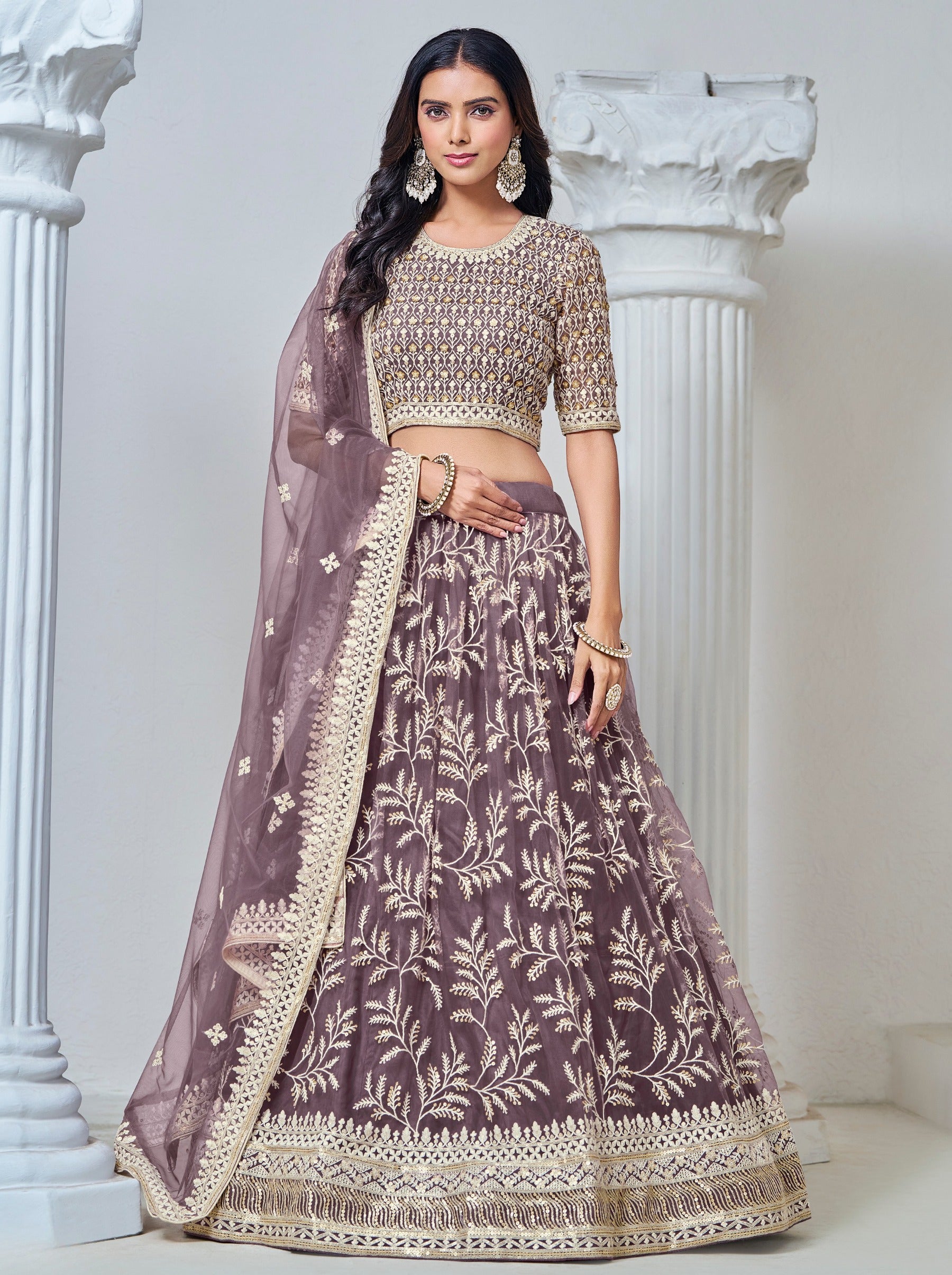Elegant Mauve Violet Net Lehenga Set With Thread And Sequin Work - TrendOye