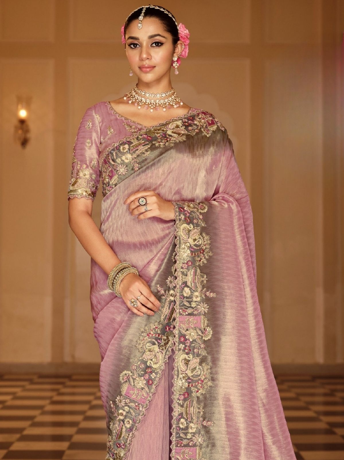 Heather Purple Fine Soft Silk Saree with Heavy Embroidery Work - TrendOye