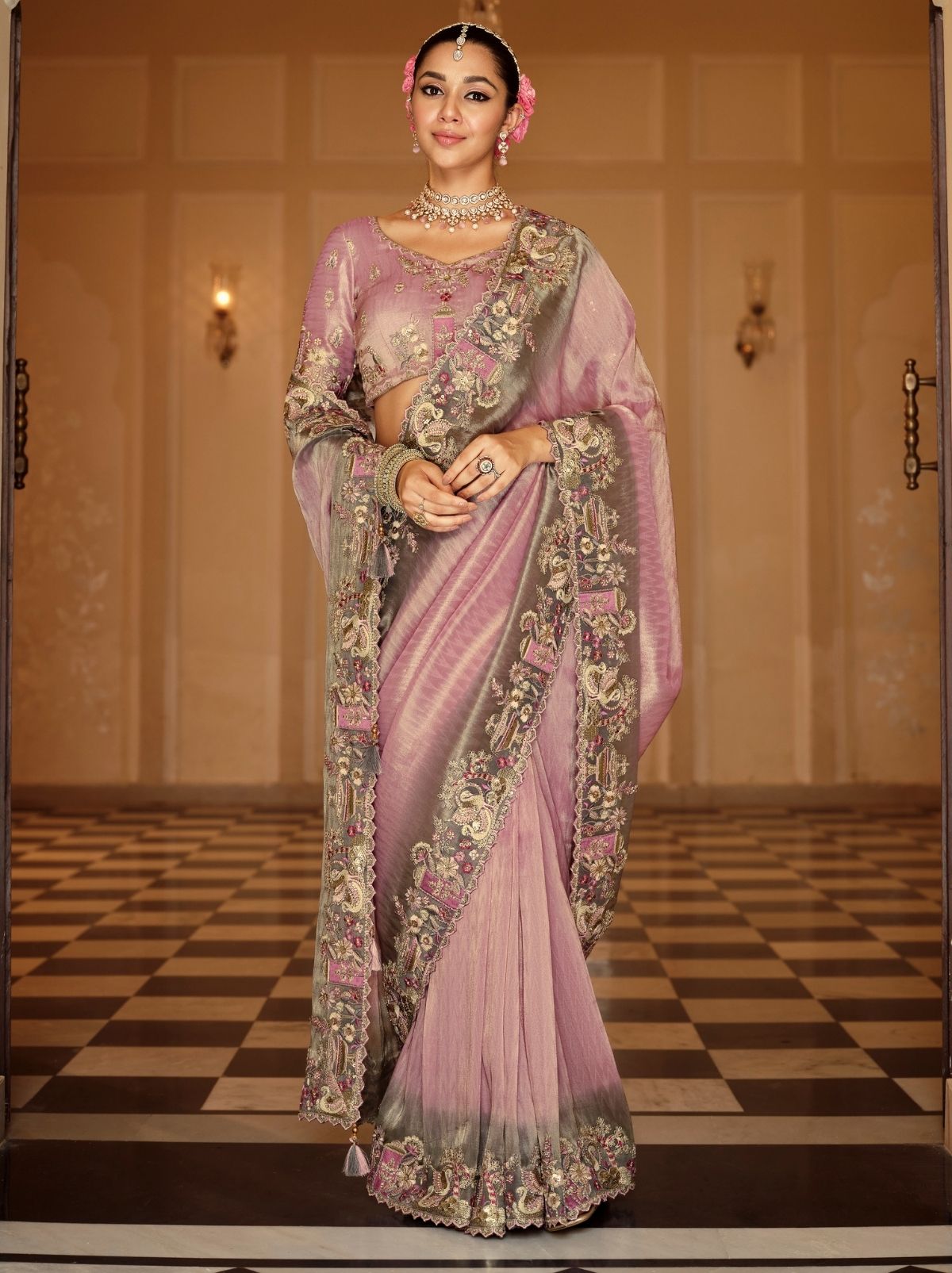 Heather Purple Fine Soft Silk Saree with Heavy Embroidery Work - TrendOye