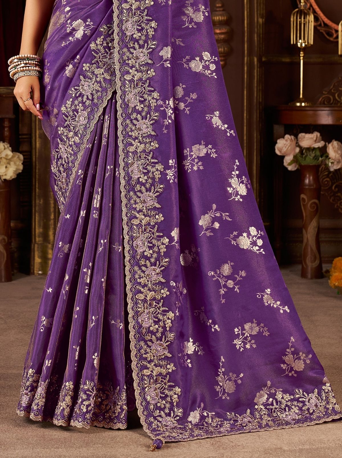 Grape Violet Elegant Wedding Saree With Heavy Border Embroidery