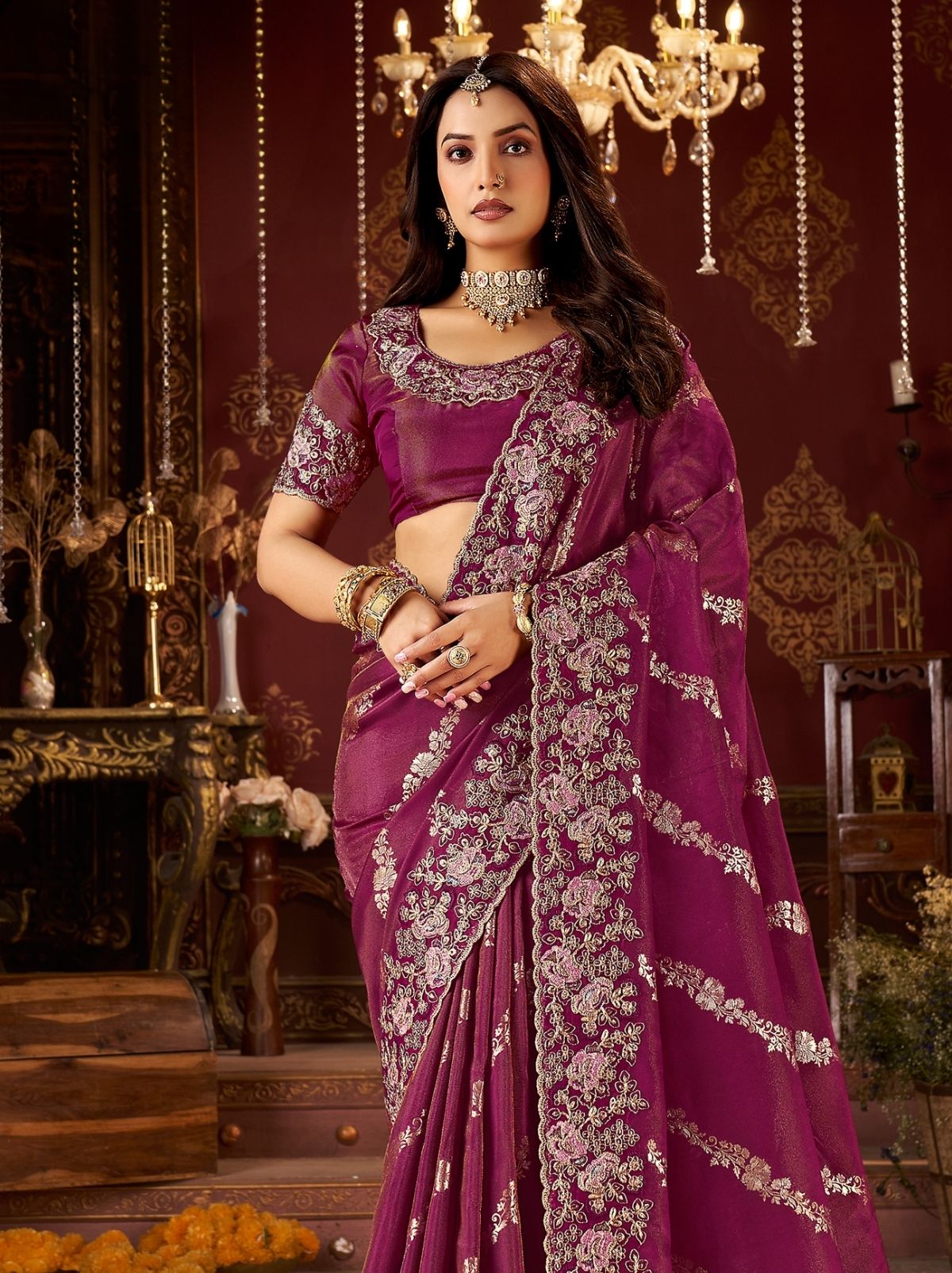 Fandango Violet Elegant Wedding Saree With Heavy Border Embroidery