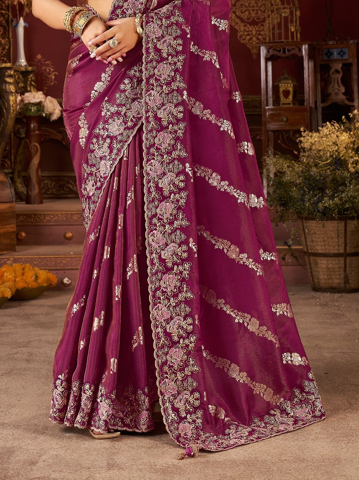 Fandango Violet Elegant Wedding Saree With Heavy Border Embroidery