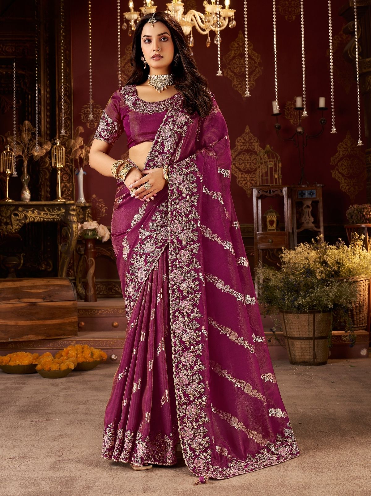 Fandango Violet Elegant Wedding Saree With Heavy Border Embroidery
