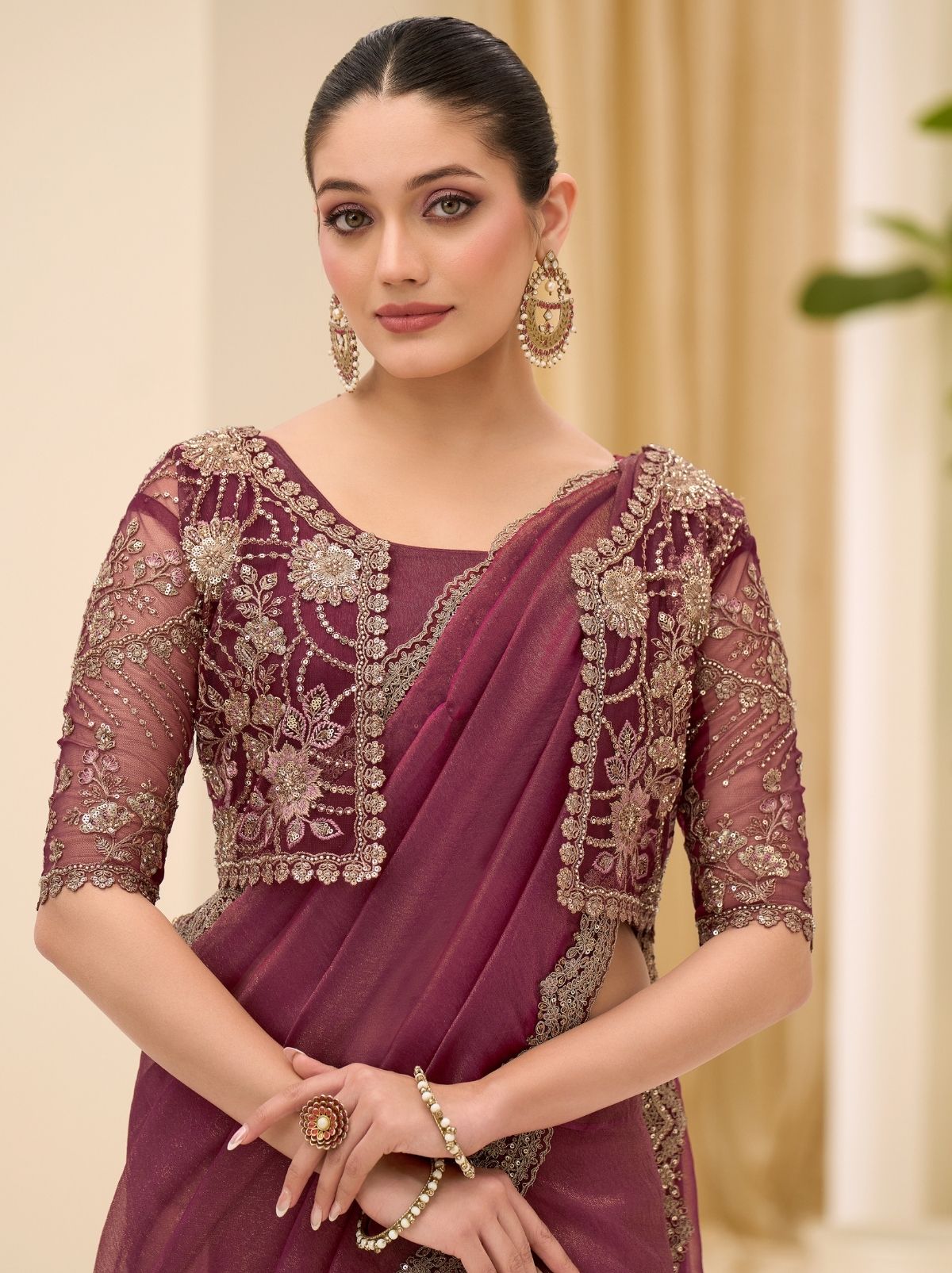 Deep Ruby Purple Ethnic Saree with Thread & Zari Work - TrendOye