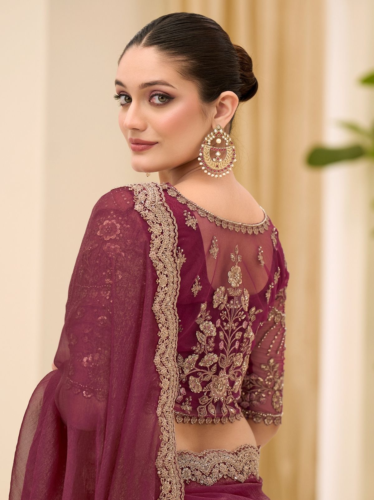Deep Ruby Purple Ethnic Saree with Thread & Zari Work - TrendOye