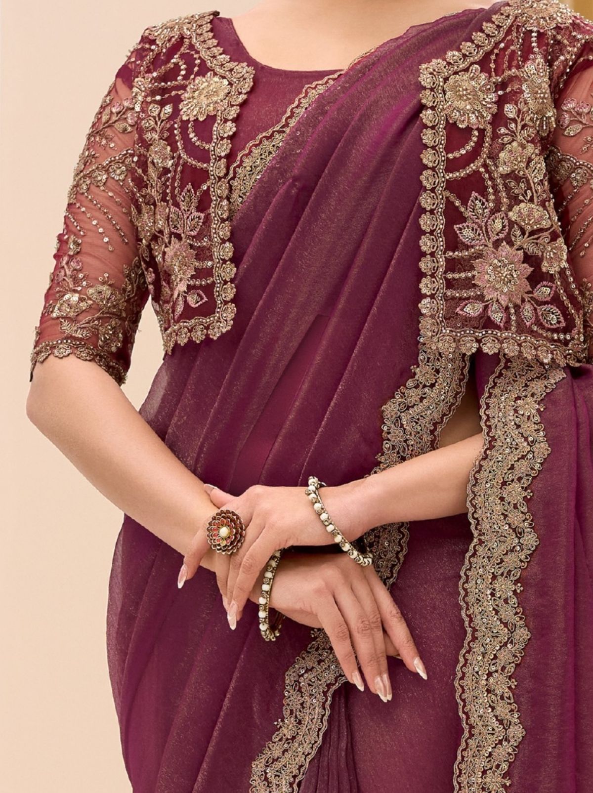 Deep Ruby Purple Ethnic Saree with Thread & Zari Work - TrendOye