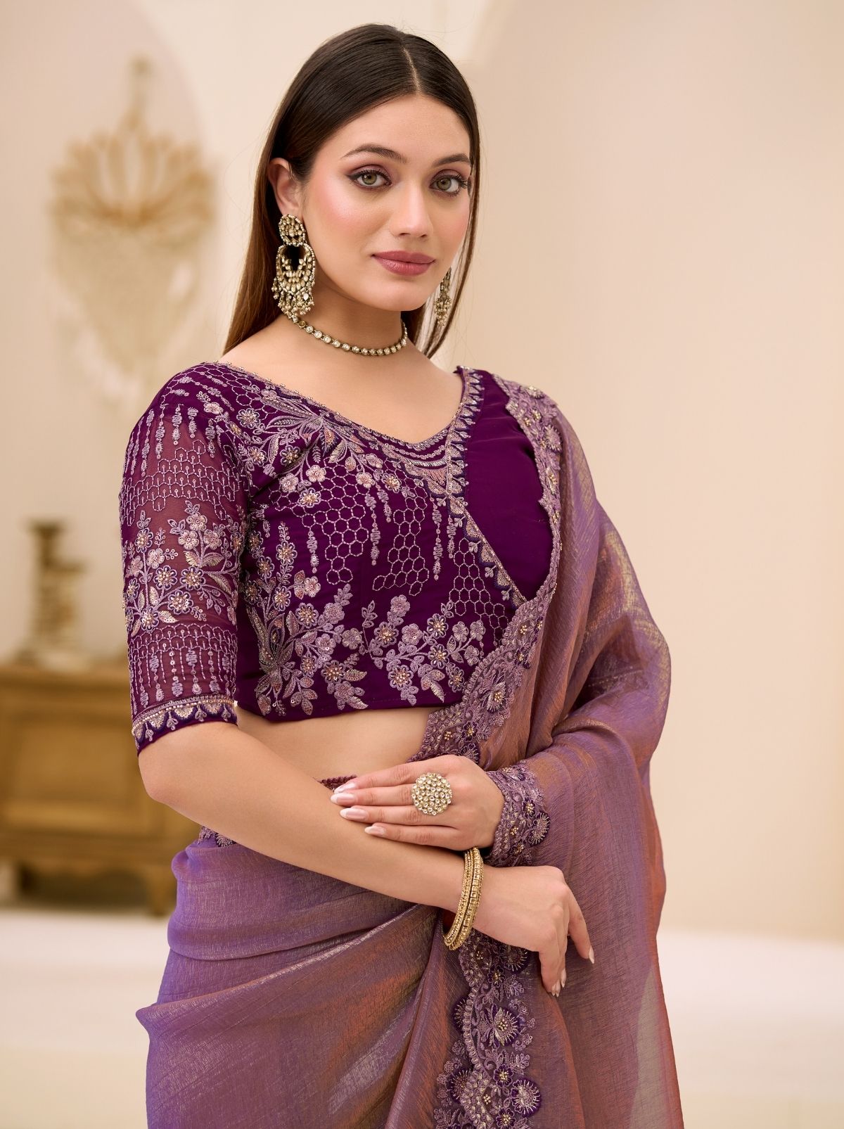 Plum Purple Exclusive Party Wear Saree with Sequin Work - TrendOye
