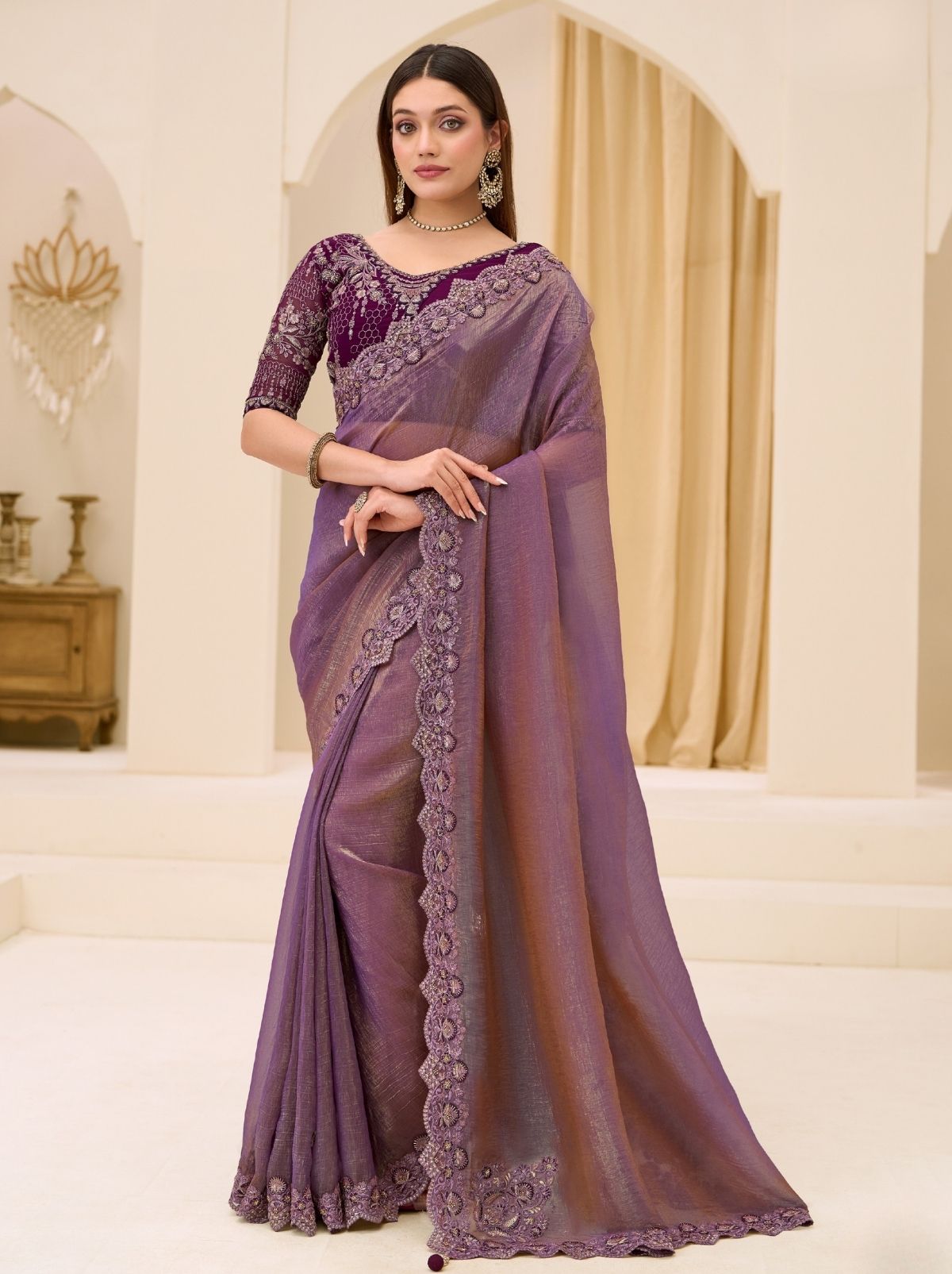 Plum Purple Exclusive Party Wear Saree with Sequin Work - TrendOye