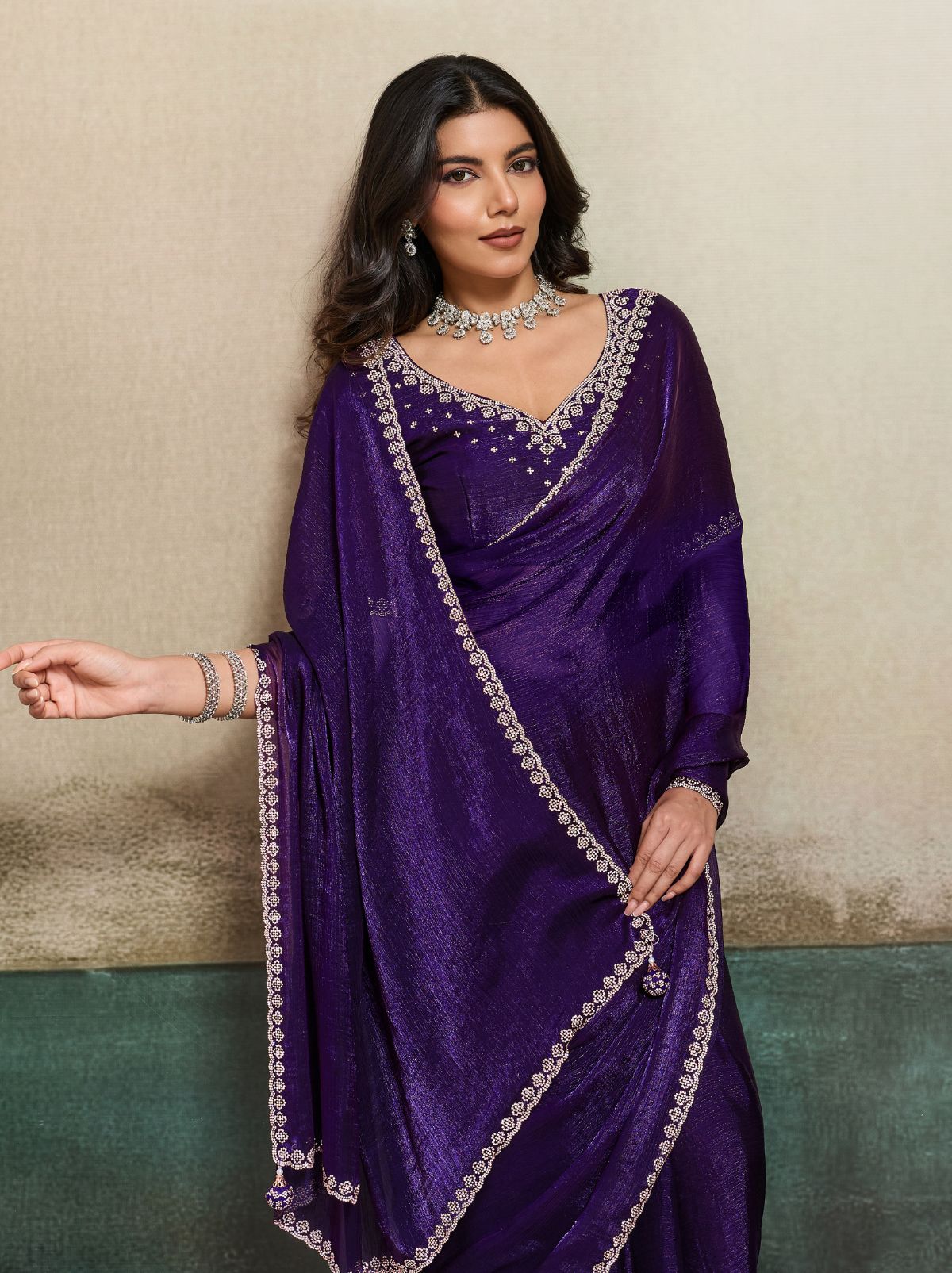 Midnight Purple Fancy Chiffon Silk Saree with Zircon Work