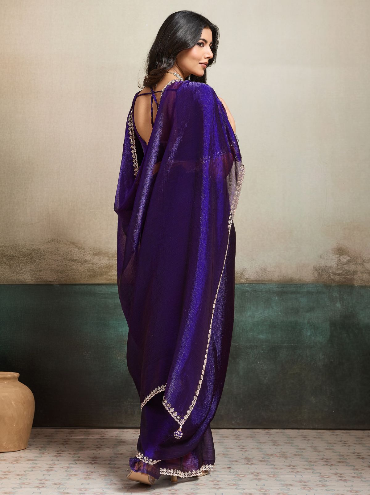 Midnight Purple Fancy Chiffon Silk Saree with Zircon Work