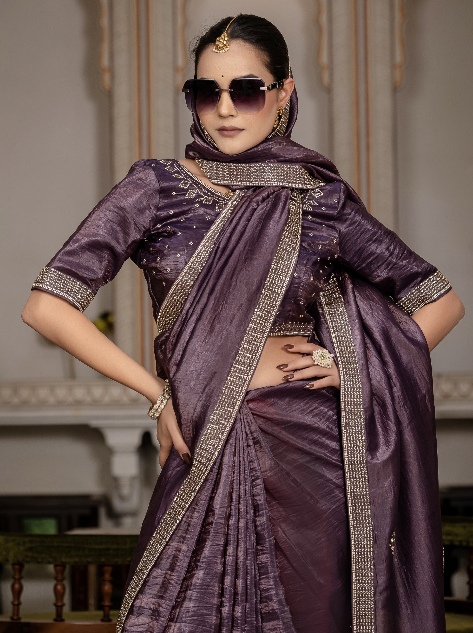 Eggplant Violet Premium Crush Silk Saree Embellished With Zircon Work - TrendOye