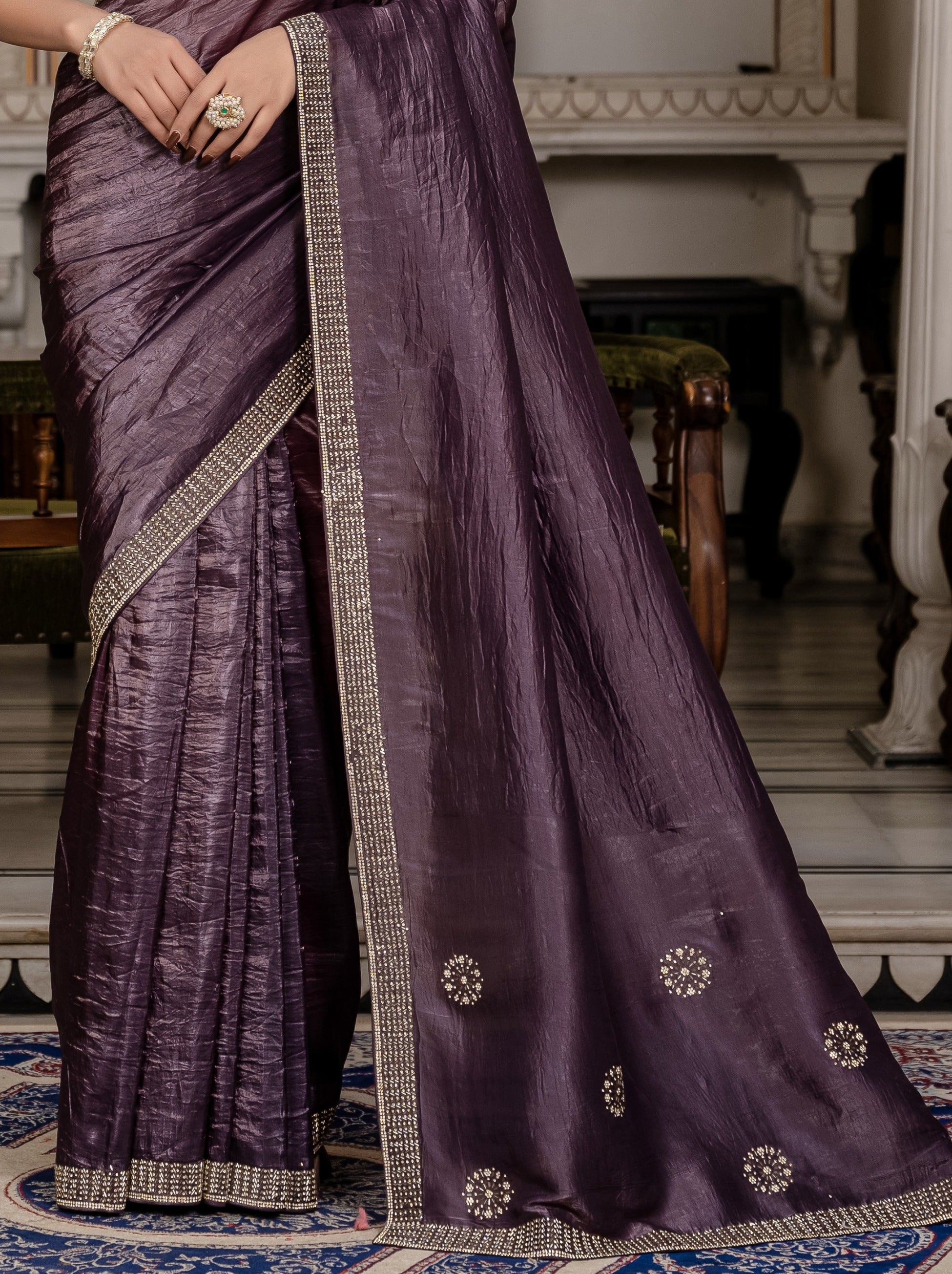 Eggplant Violet Premium Crush Silk Saree Embellished With Zircon Work - TrendOye
