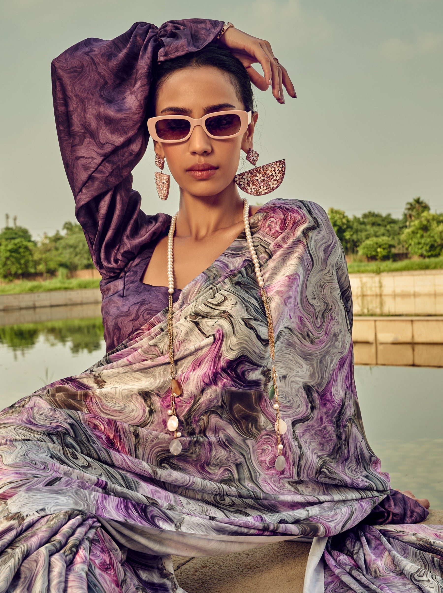 Amethyst Violet Marbled Pattern Digital Satin Crepe Saree - TrendOye