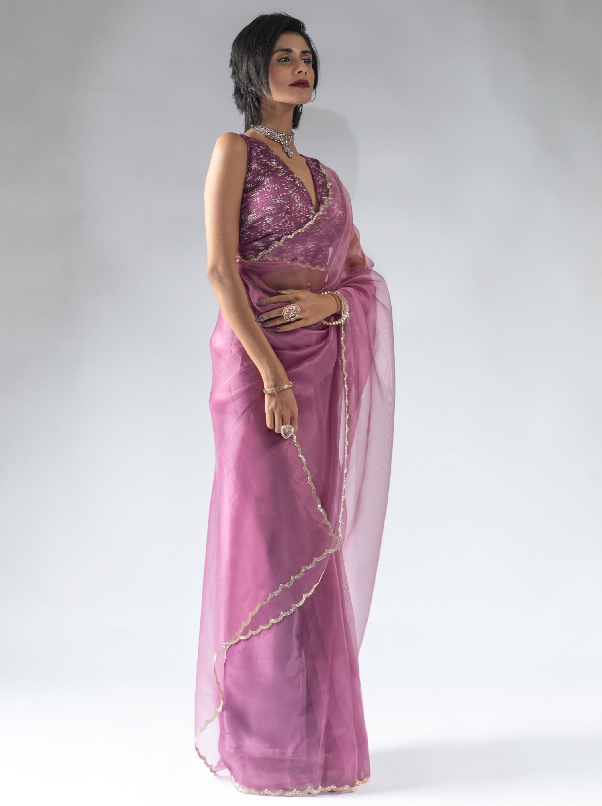 Helio Violet Fancy Ready to Wear Organza Saree With Stone Work Border