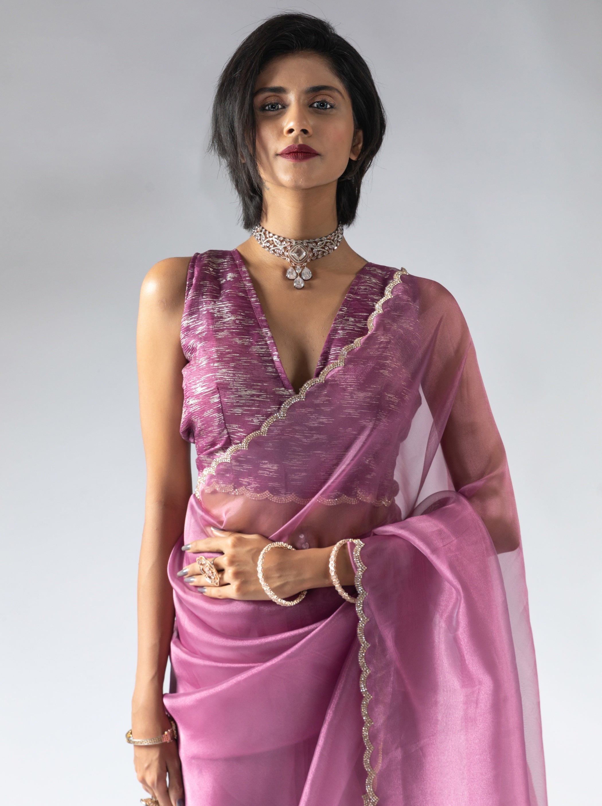 Helio Violet Fancy Ready to Wear Organza Saree With Stone Work Border