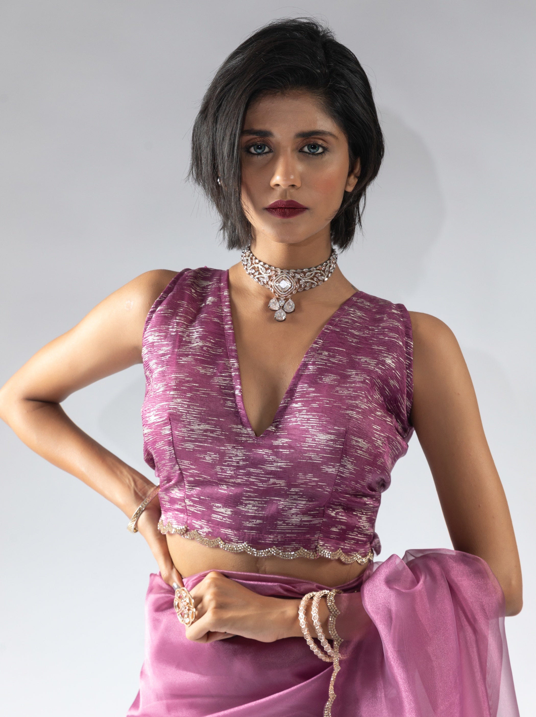 Helio Violet Fancy Ready to Wear Organza Saree With Stone Work Border