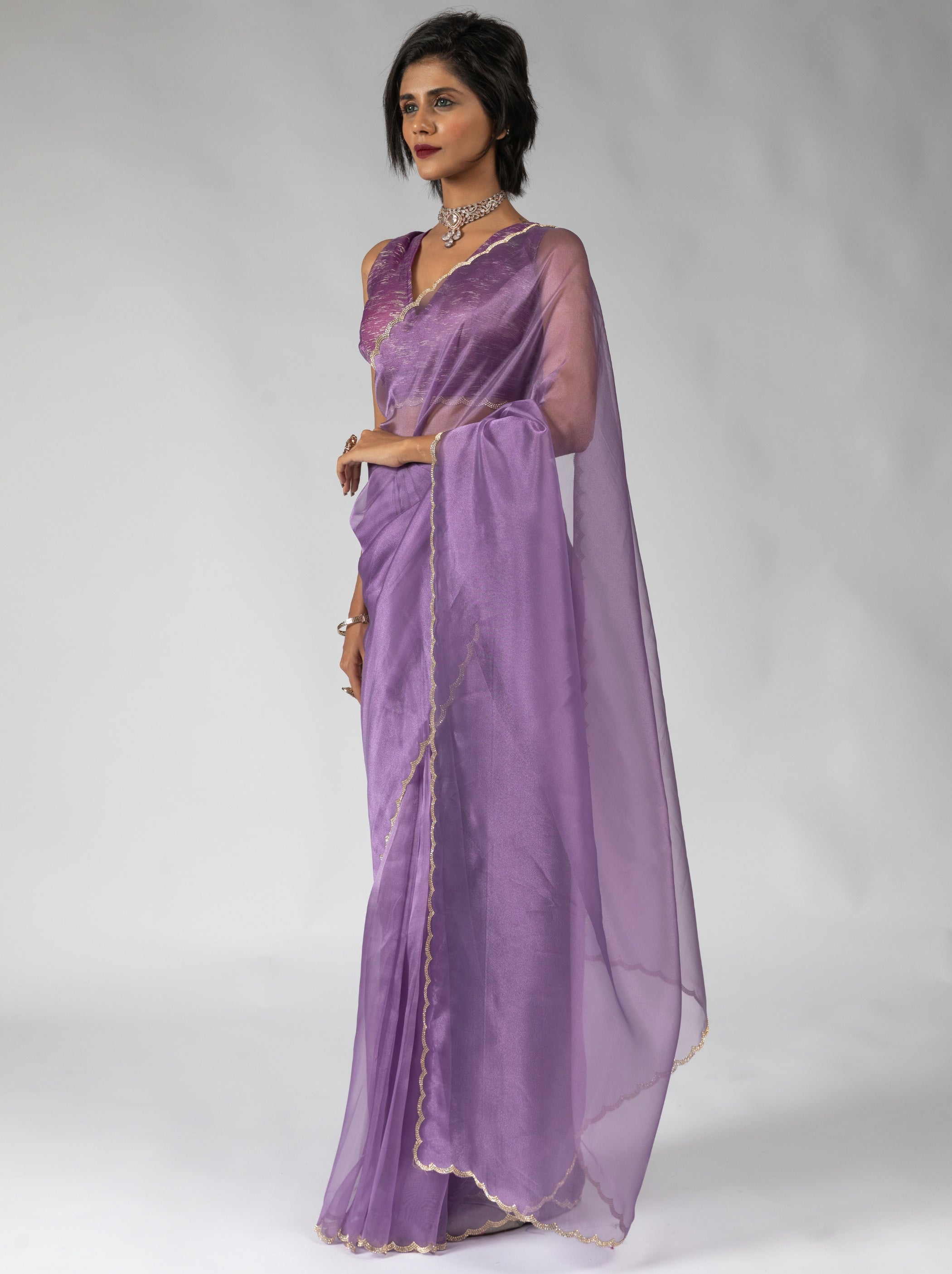 Orchid Violet Fancy Ready to Wear Organza Saree With Stone Work Border