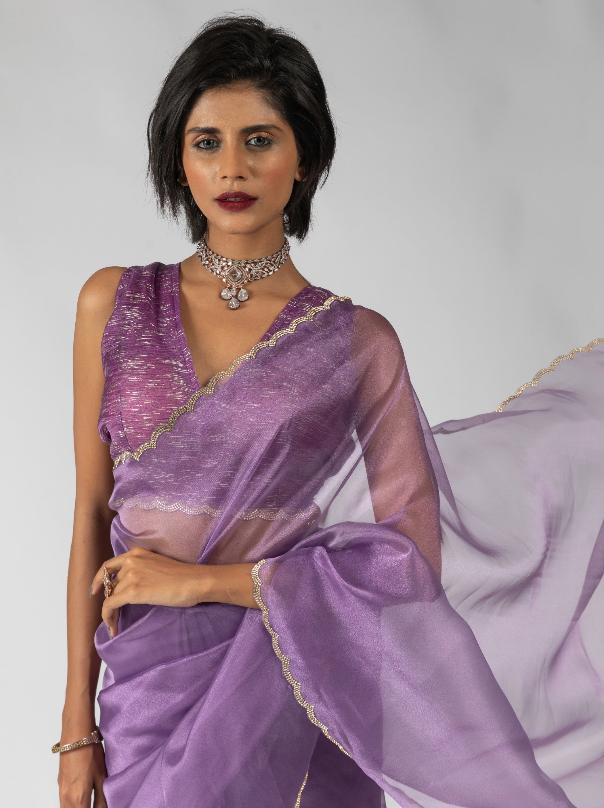 Orchid Violet Fancy Ready to Wear Organza Saree With Stone Work Border