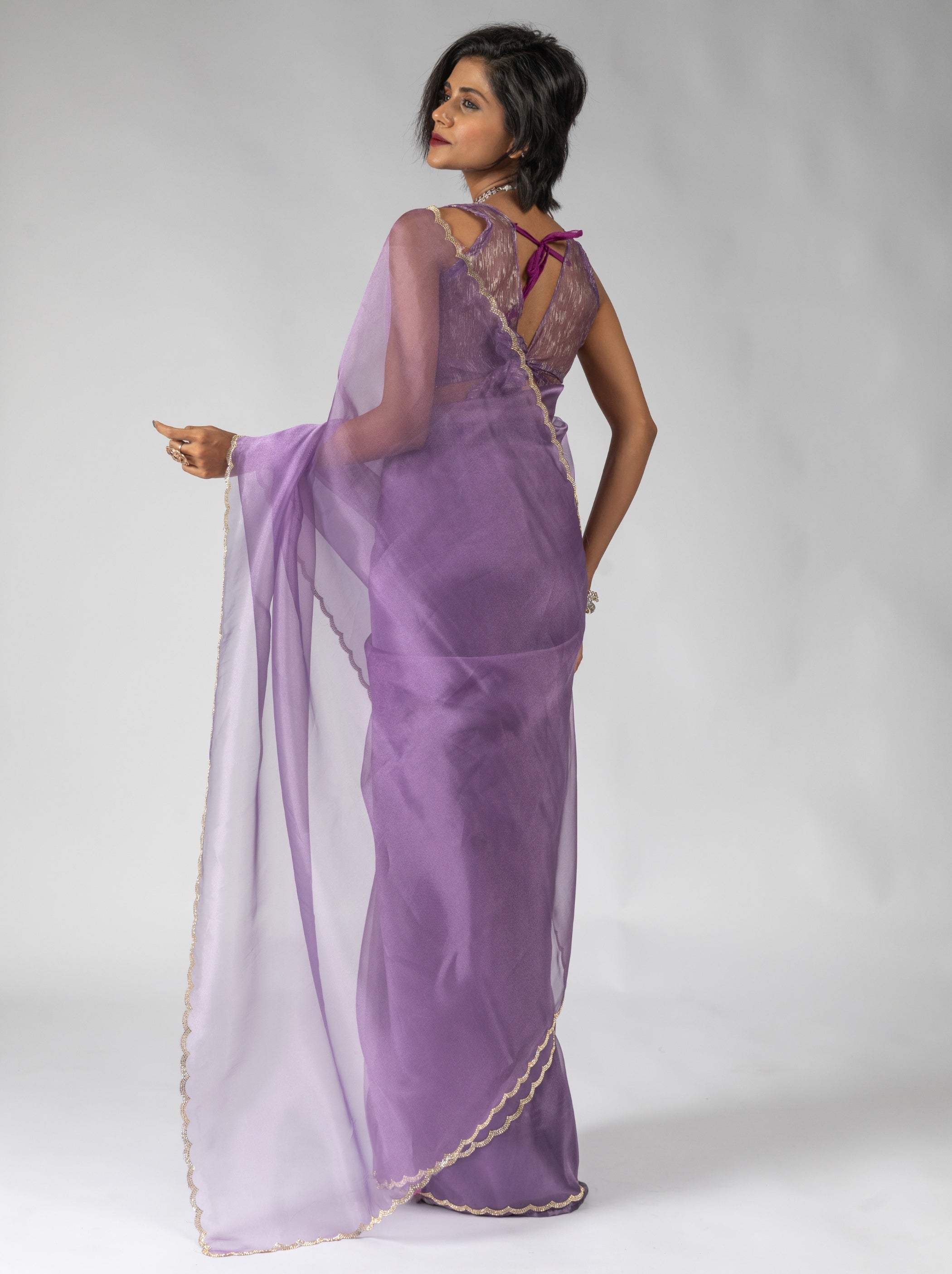 Orchid Violet Fancy Ready to Wear Organza Saree With Stone Work Border