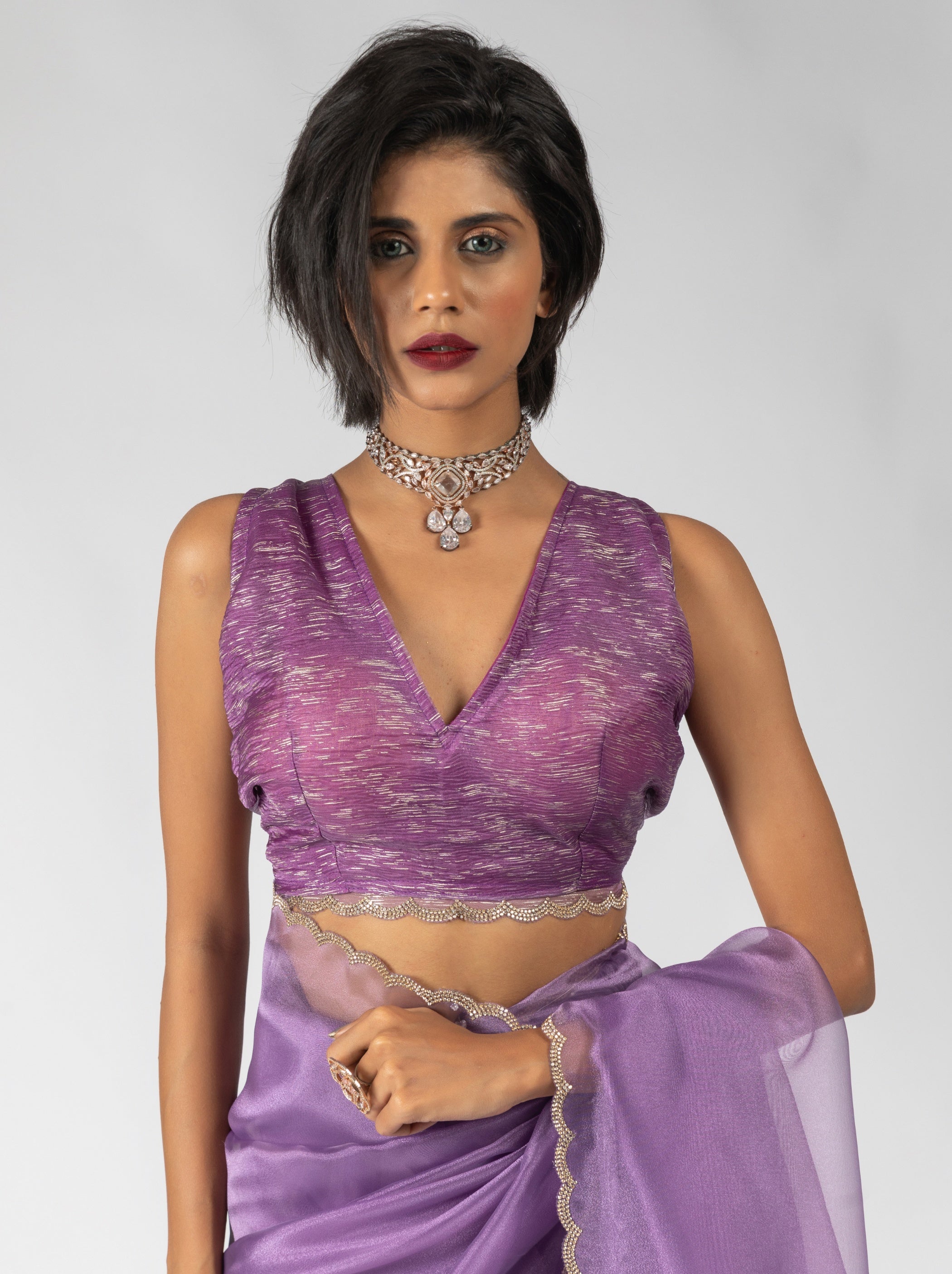 Orchid Violet Fancy Ready to Wear Organza Saree With Stone Work Border