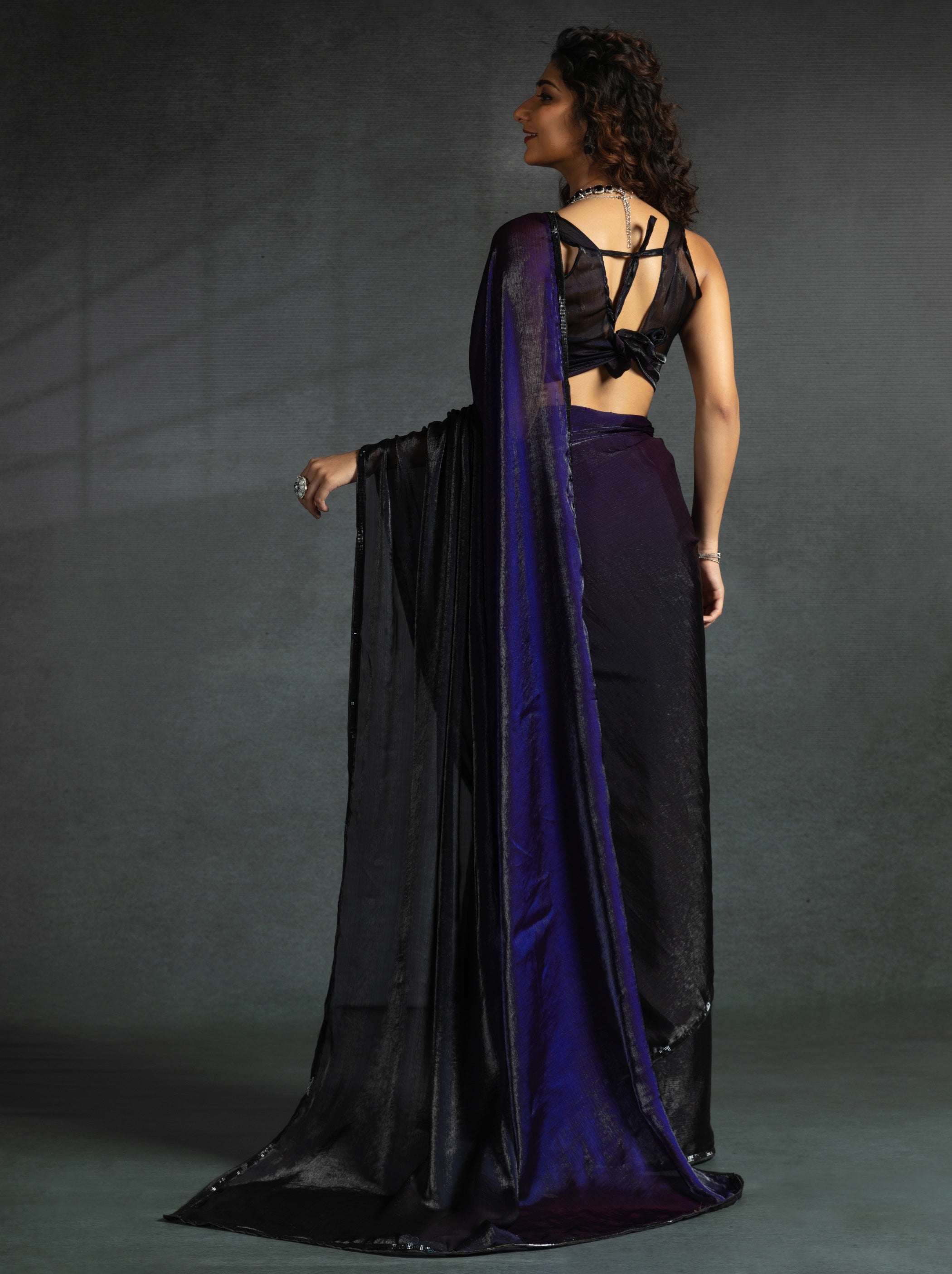Eggplant Violet Fancy Ready to Wear Saree With Stone Work Border - TrendOye