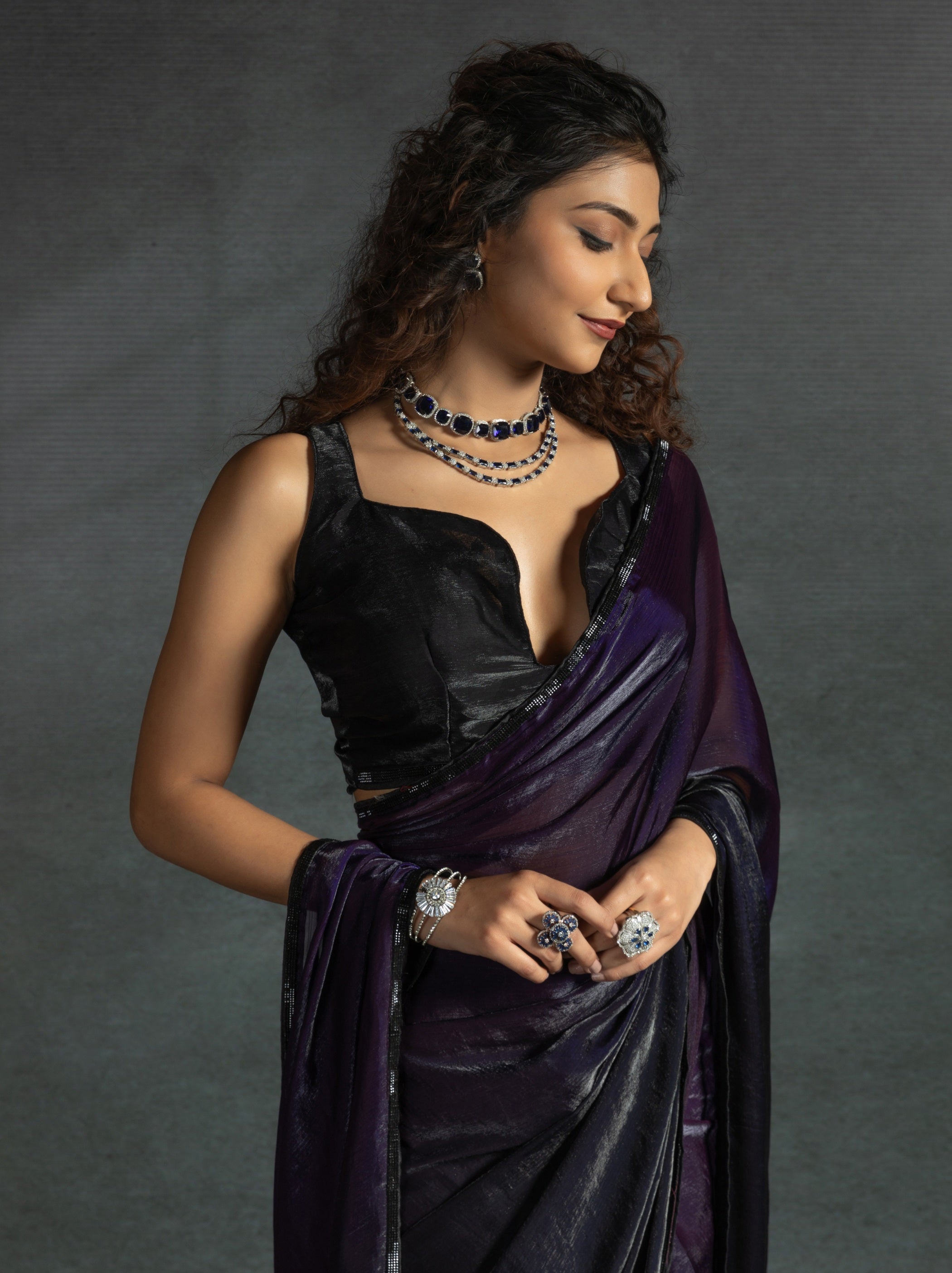 Eggplant Violet Fancy Ready to Wear Saree With Stone Work Border - TrendOye