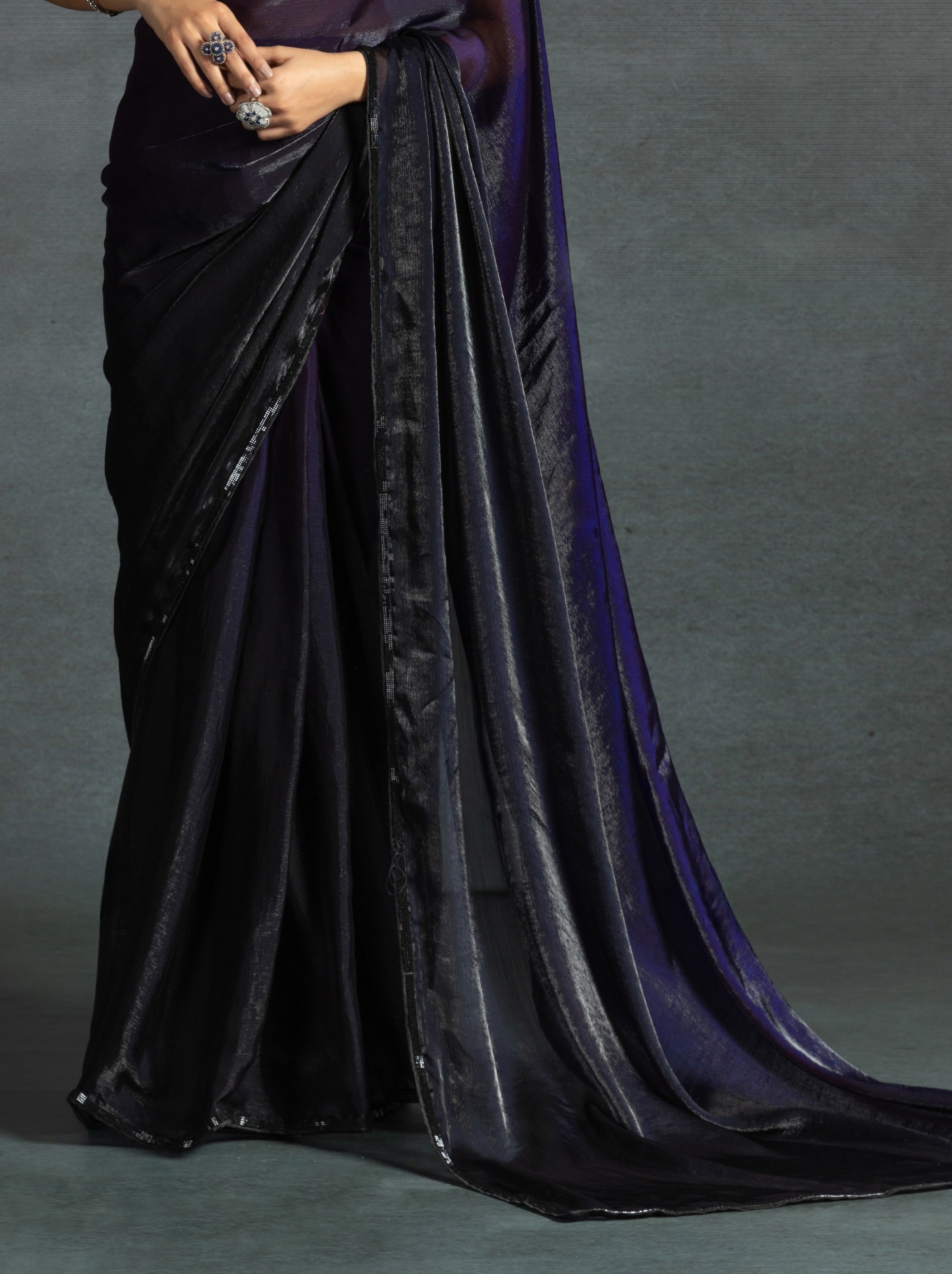 Eggplant Violet Fancy Ready to Wear Saree With Stone Work Border - TrendOye