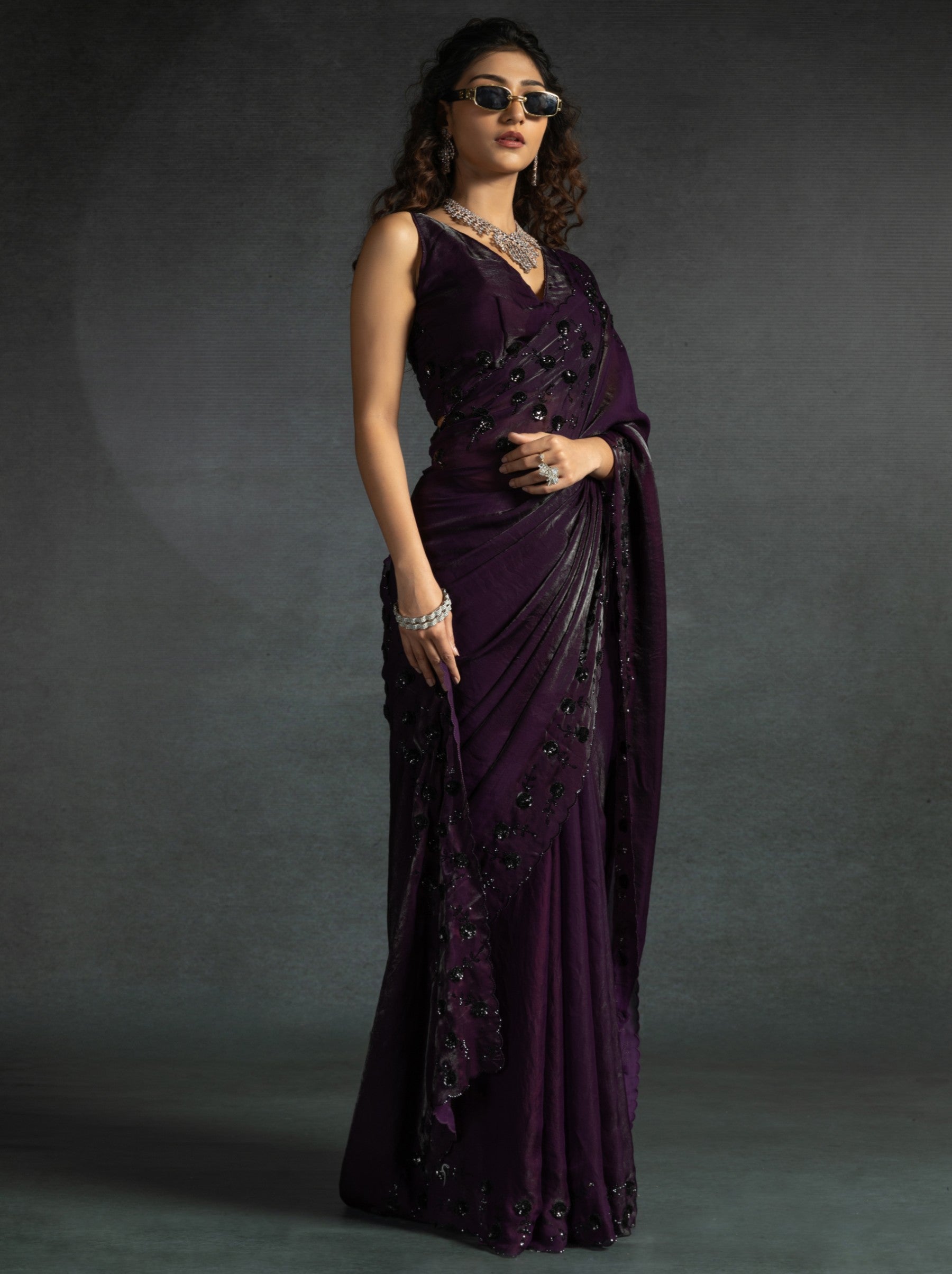 Wine Purple Satin Silk Designer Party Saree With Blouse Piece - TrendOye
