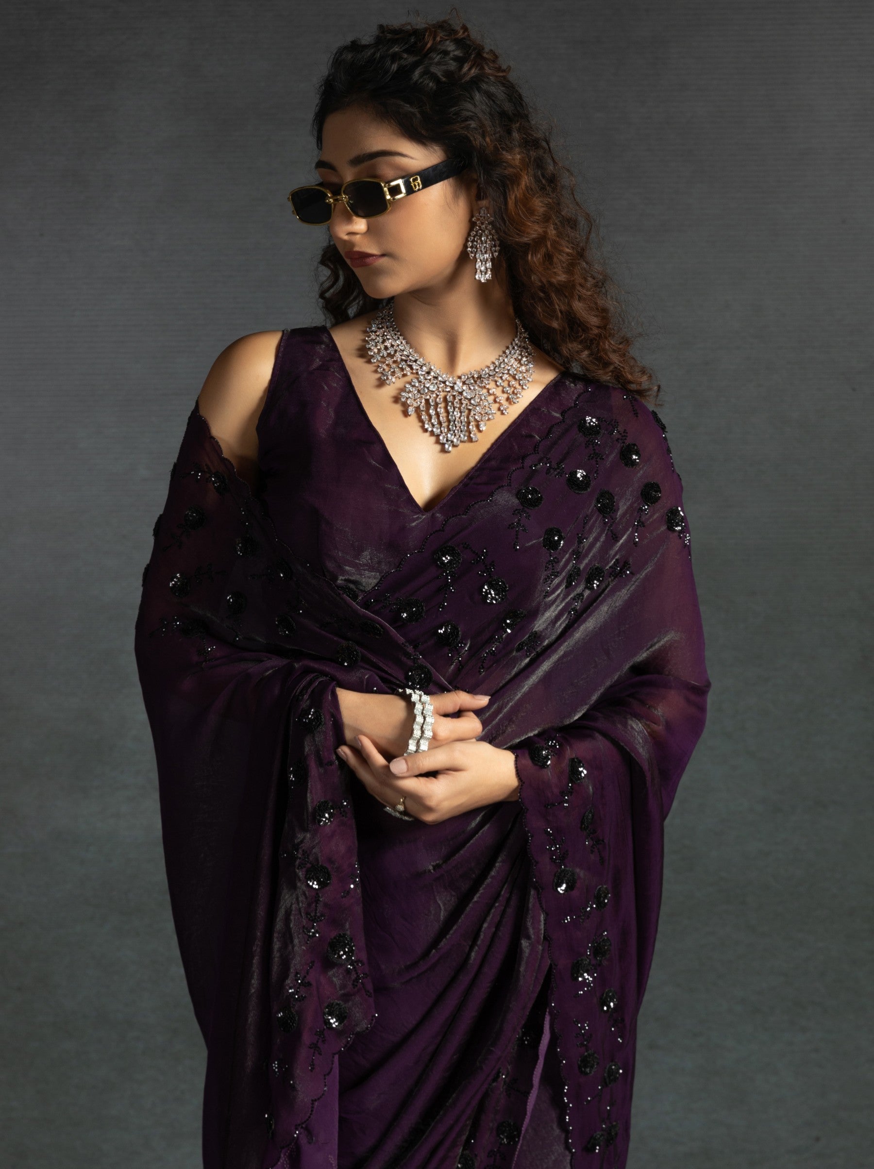 Wine Purple Satin Silk Designer Party Saree With Blouse Piece - TrendOye