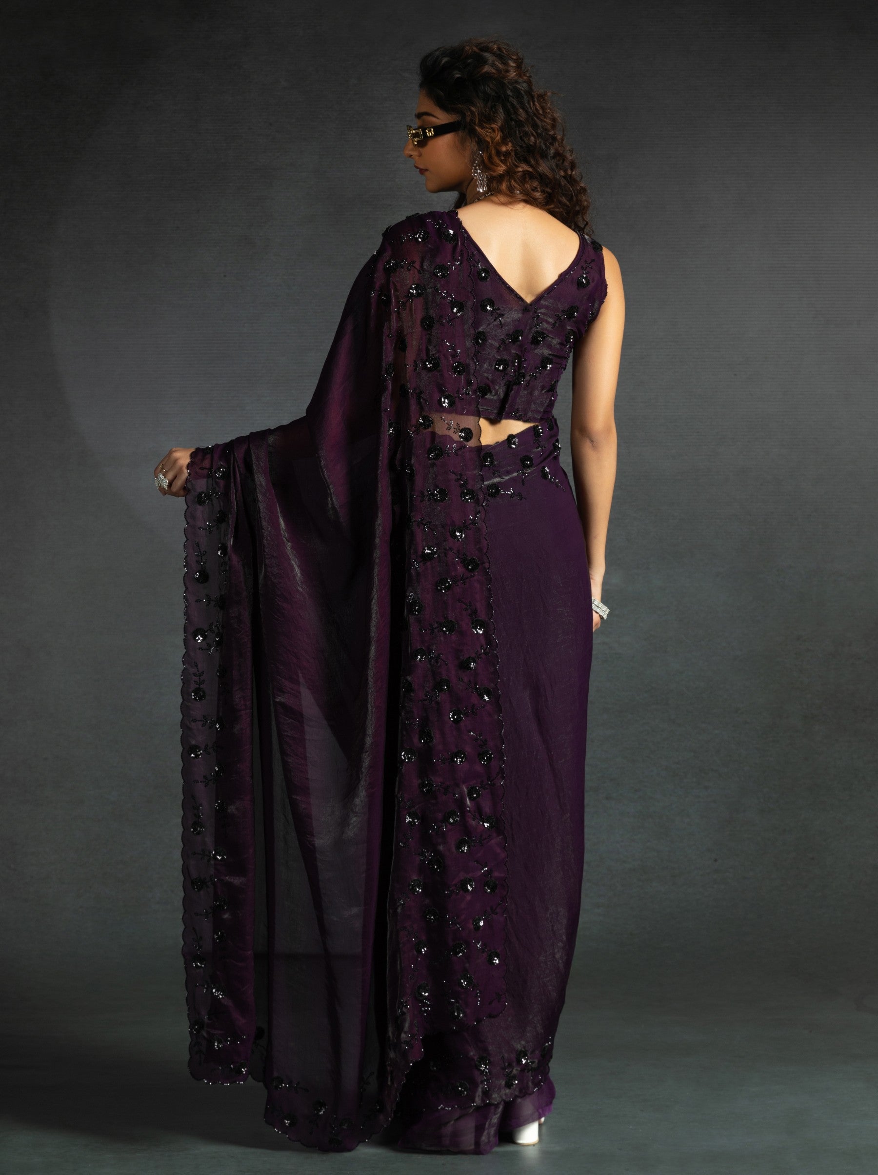 Wine Purple Satin Silk Designer Party Saree With Blouse Piece - TrendOye