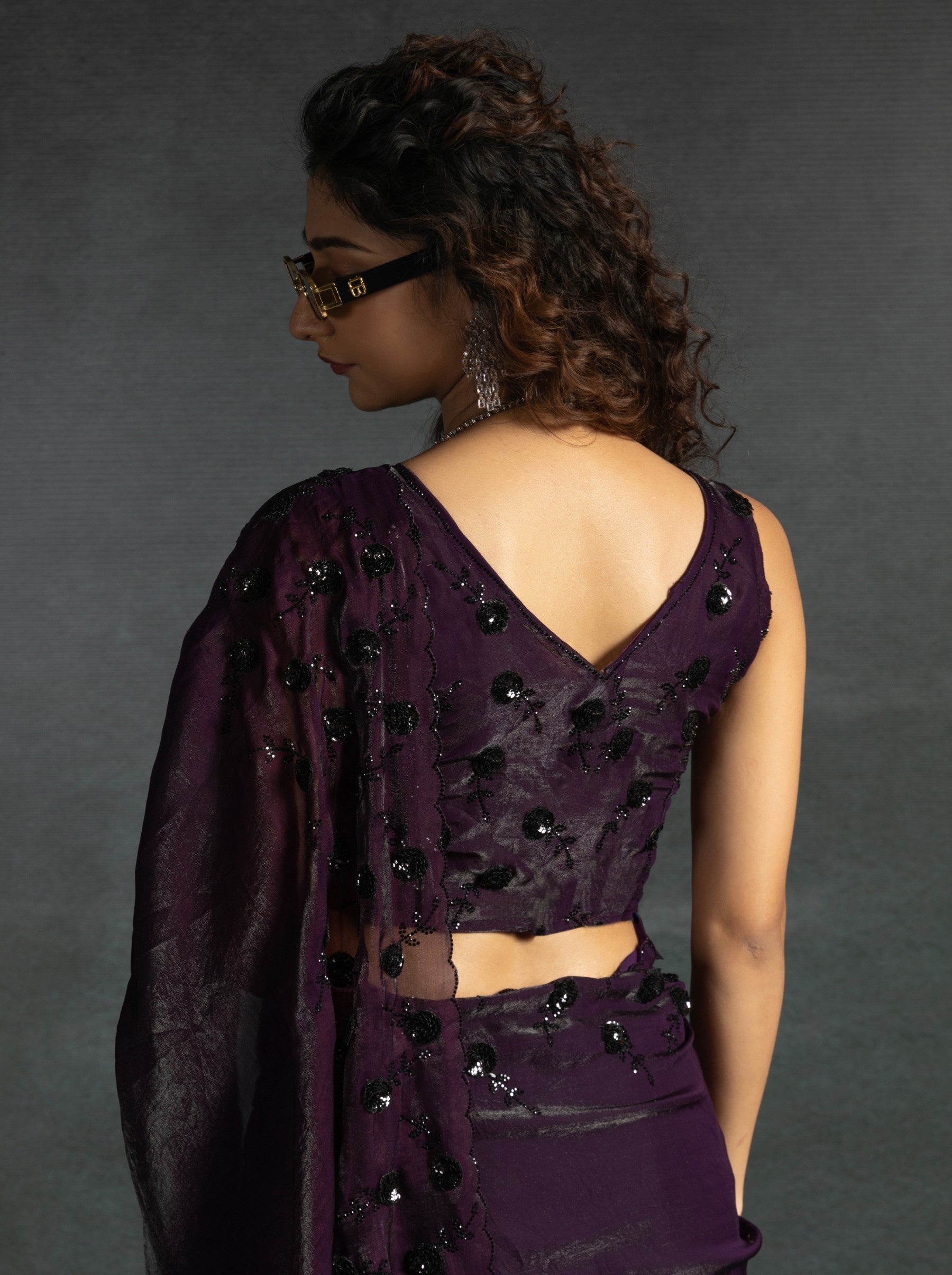 Wine Purple Satin Silk Designer Party Saree With Blouse Piece - TrendOye