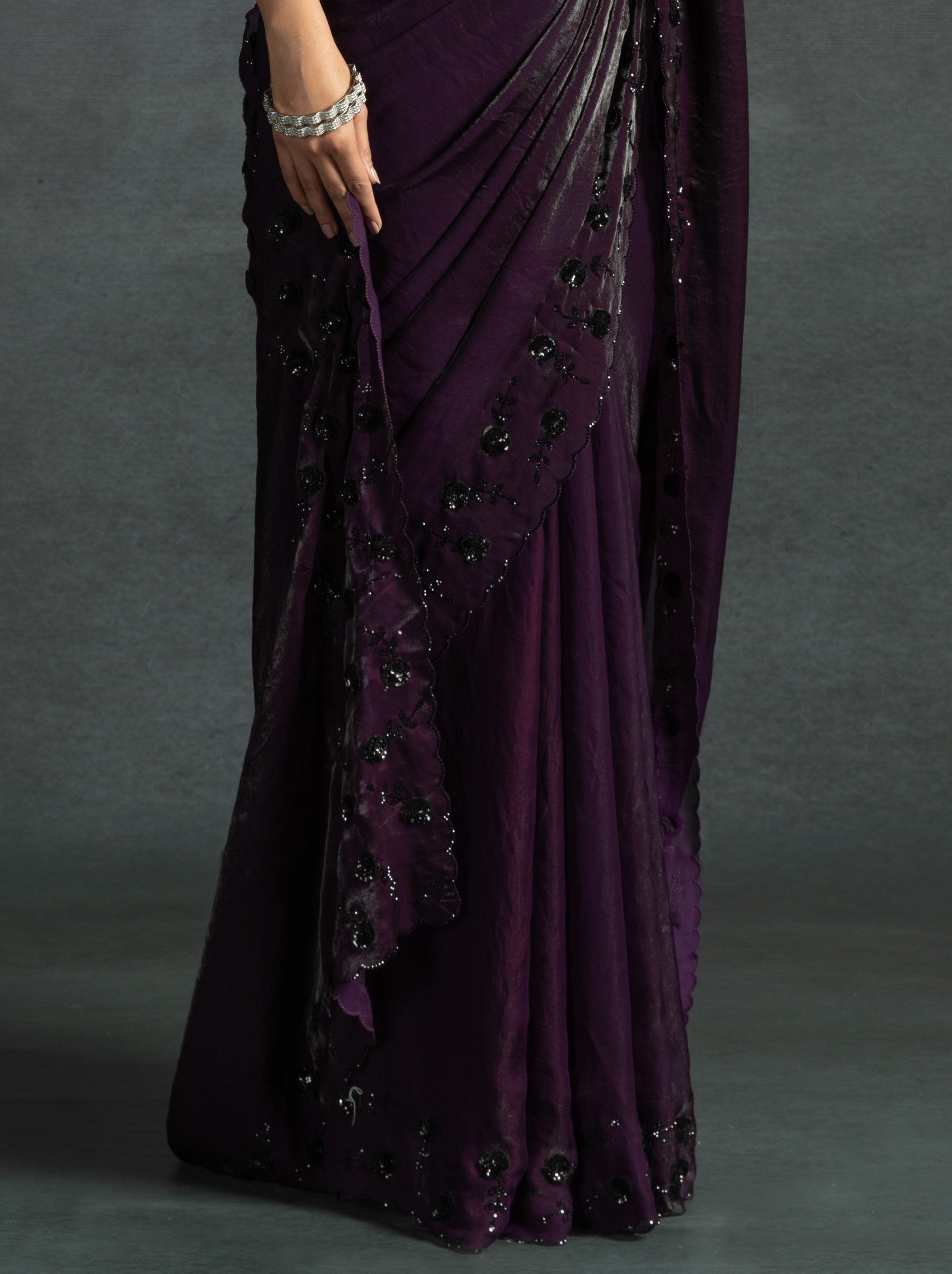 Wine Purple Satin Silk Designer Party Saree With Blouse Piece - TrendOye
