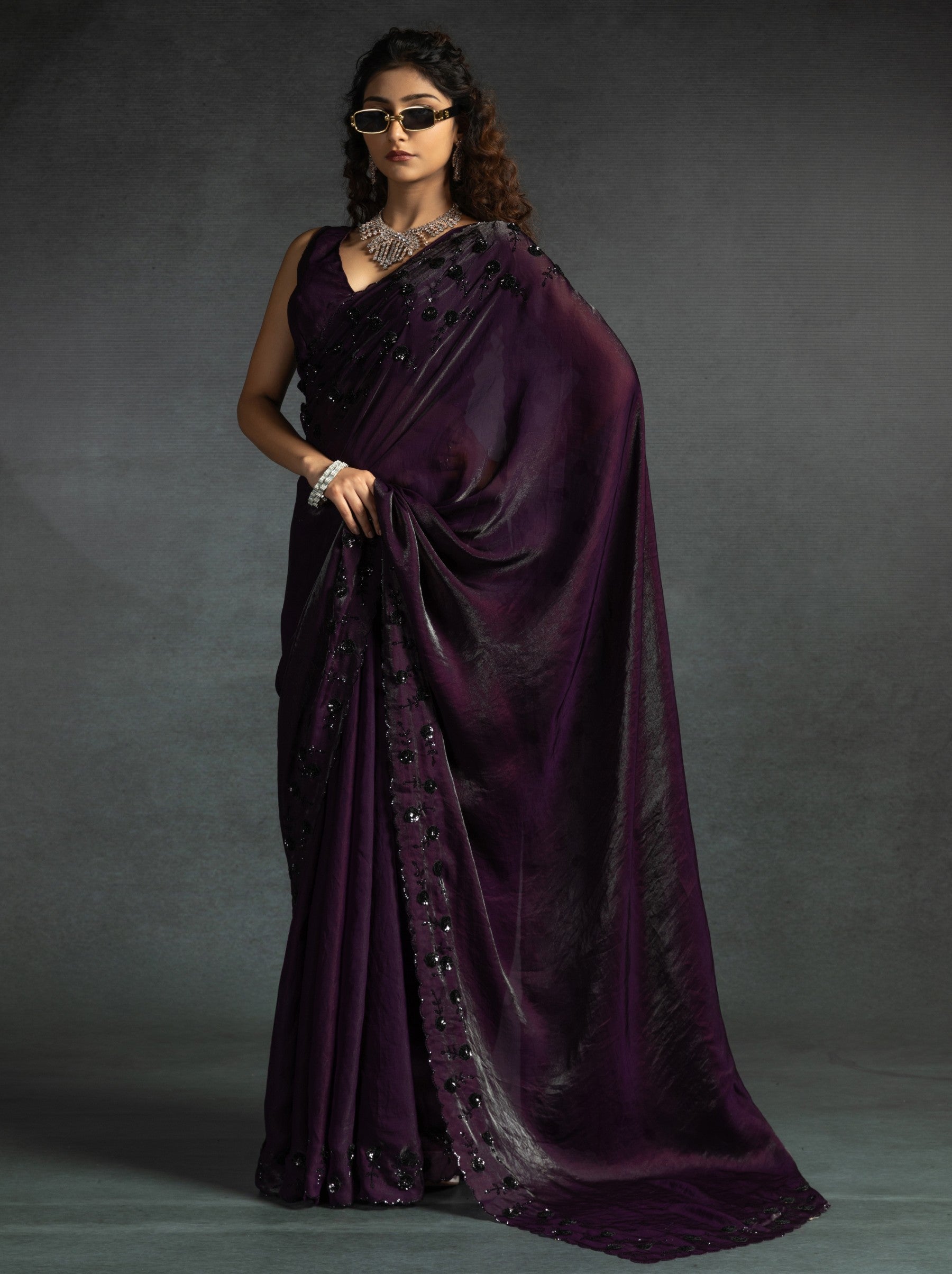 Wine Purple Satin Silk Designer Party Saree With Blouse Piece - TrendOye