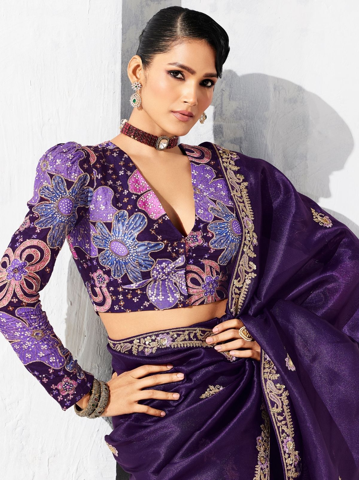 Eggplant Purple Fancy Silk Saree with Beautiful Blouse Piece
