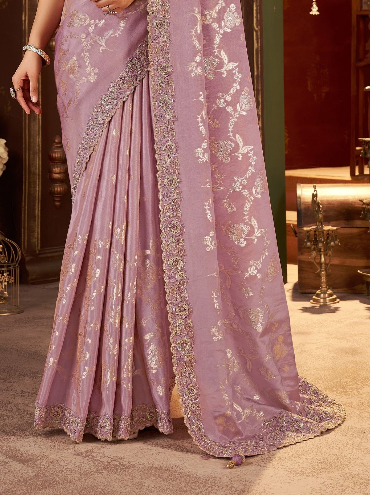 Pastel Purple Fancy Silk Wedding Saree With Designer Embroidery