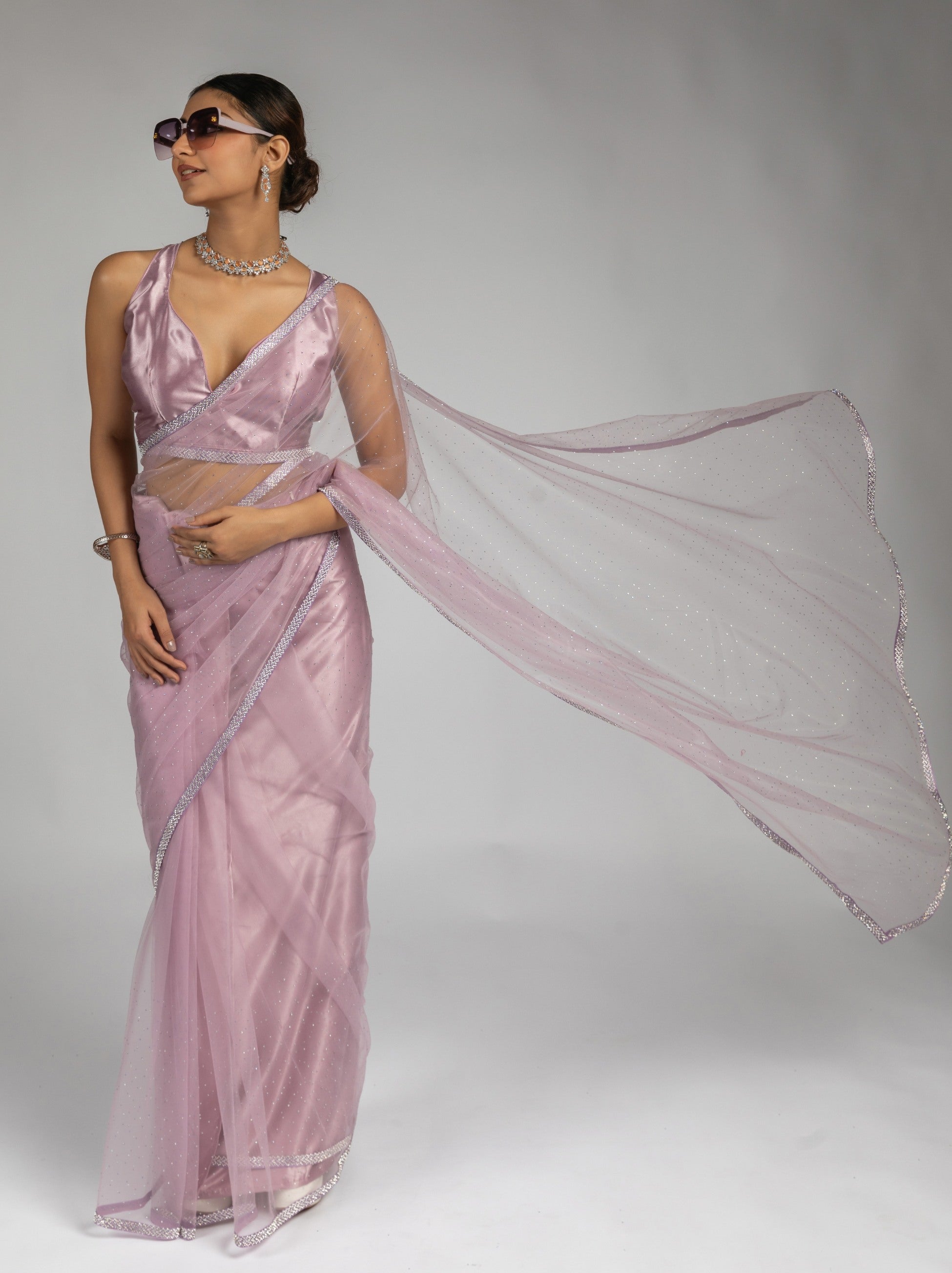 Helio Violet Net Designer Ready to Wear Saree With Diamond Work - TrendOye