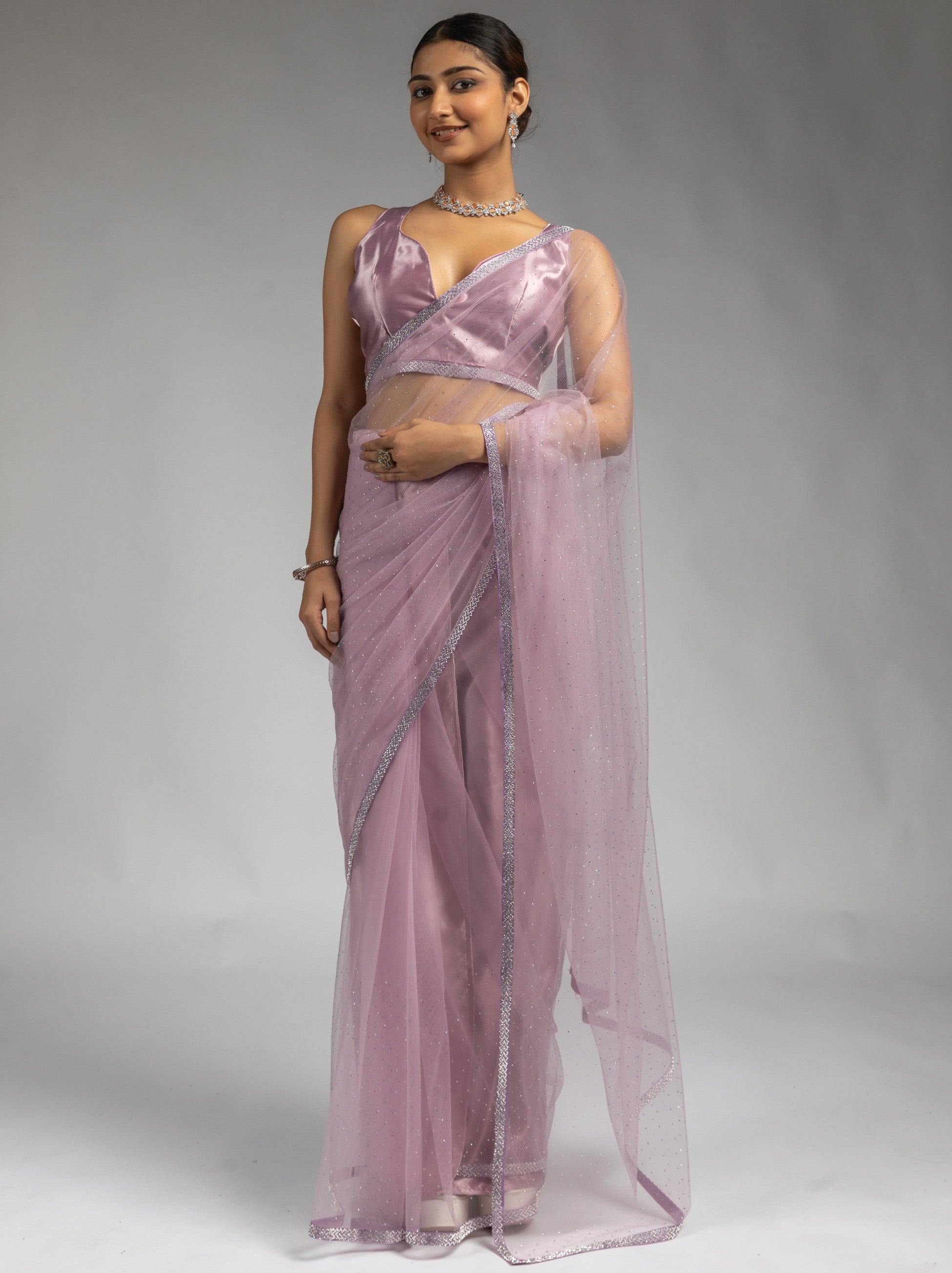 Helio Violet Net Designer Ready to Wear Saree With Diamond Work - TrendOye