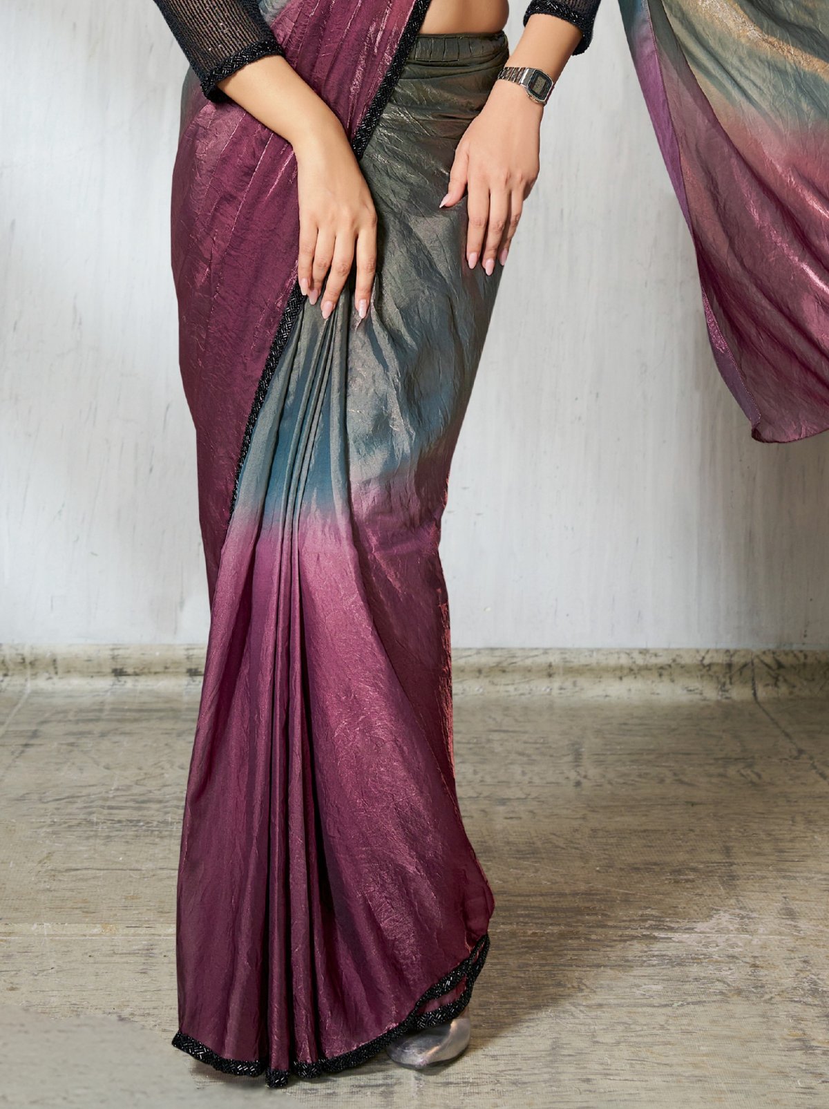 Purple-Grey Dual Tone Ready To Wear Satin Saree With Trendy Blouse