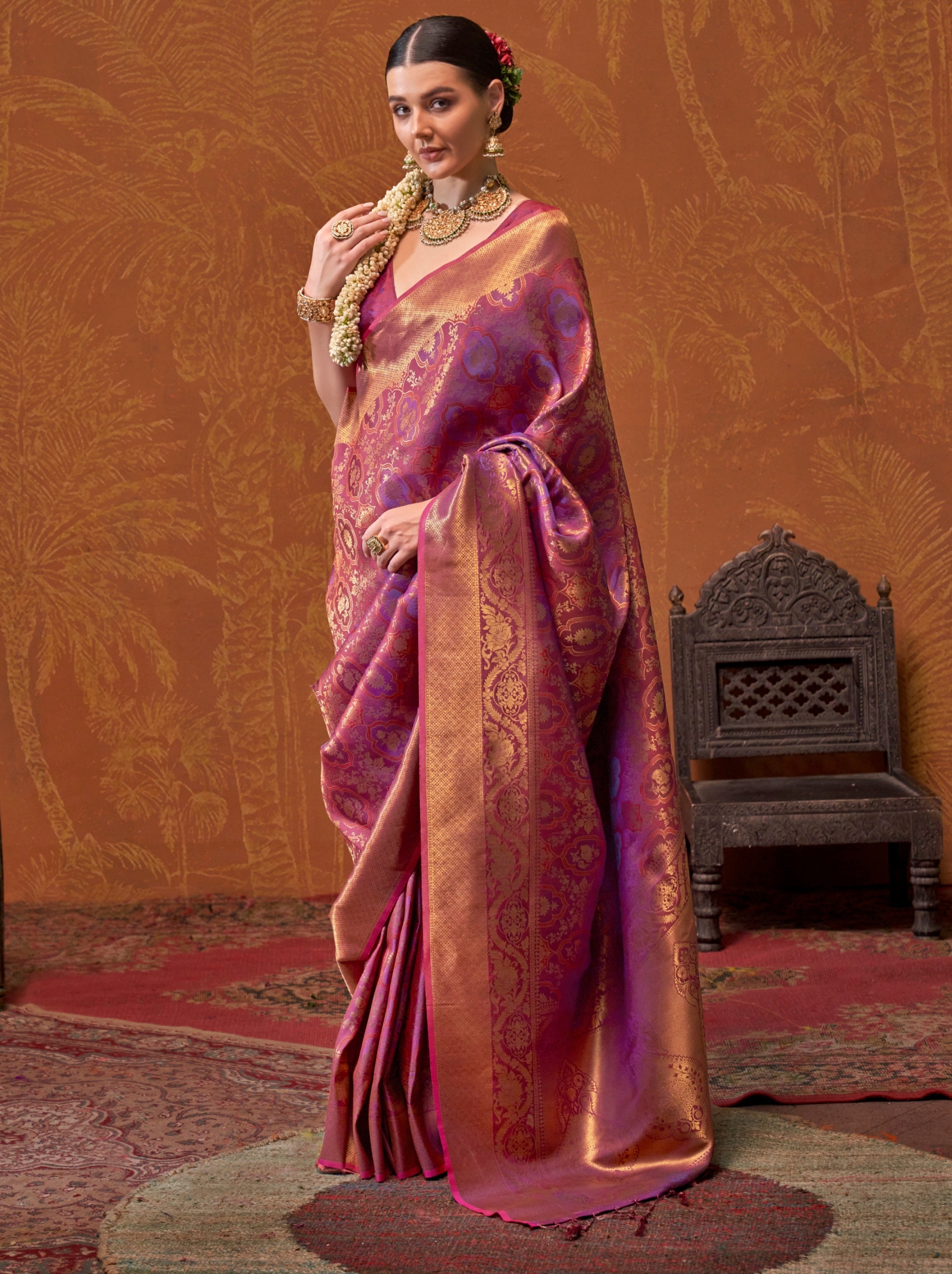 Fandango Violet Handloom Weaving Silk Festive Saree With Blouse Piece - TrendOye