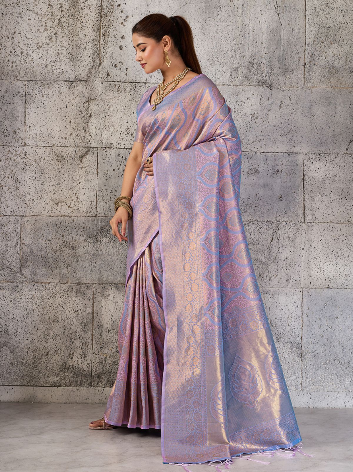 Floral Purple Kanjivaram Silk Saree With Intricate Gold Zari