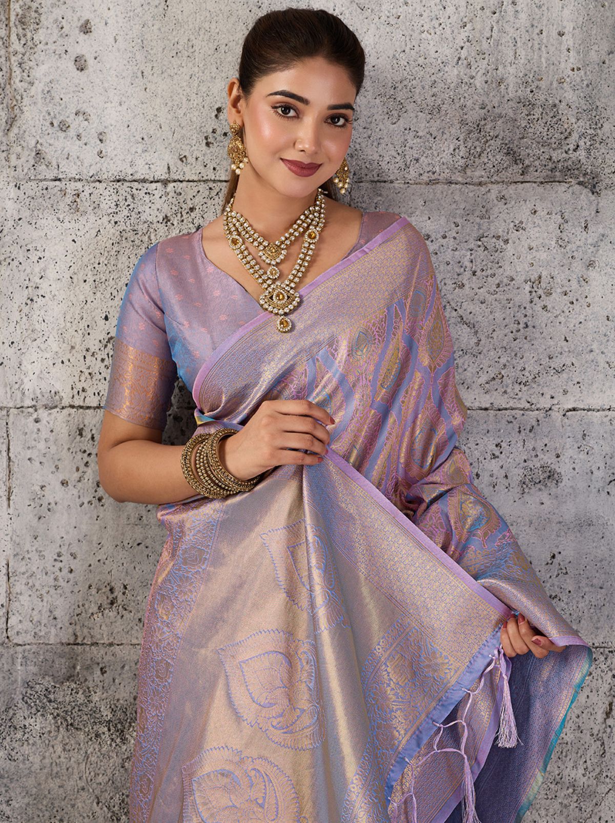 Floral Purple Kanjivaram Silk Saree With Intricate Gold Zari