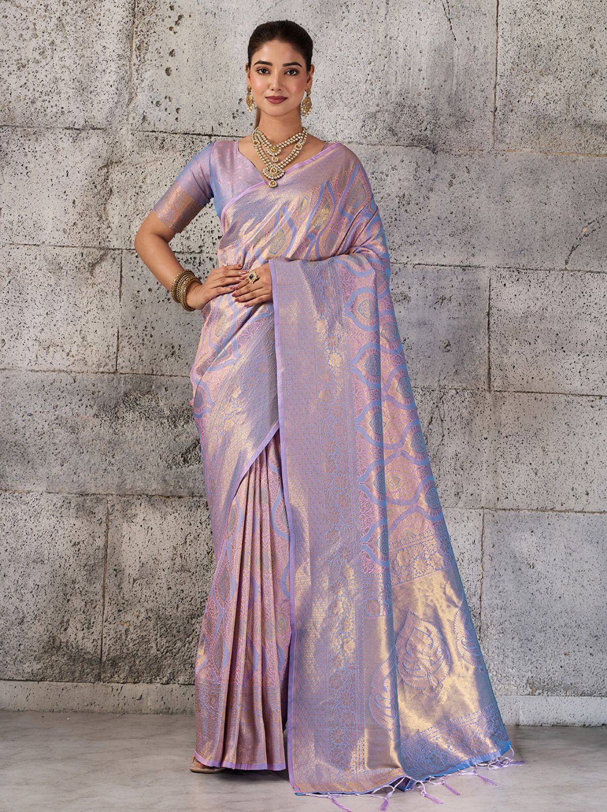 Floral Purple Kanjivaram Silk Saree With Intricate Gold Zari