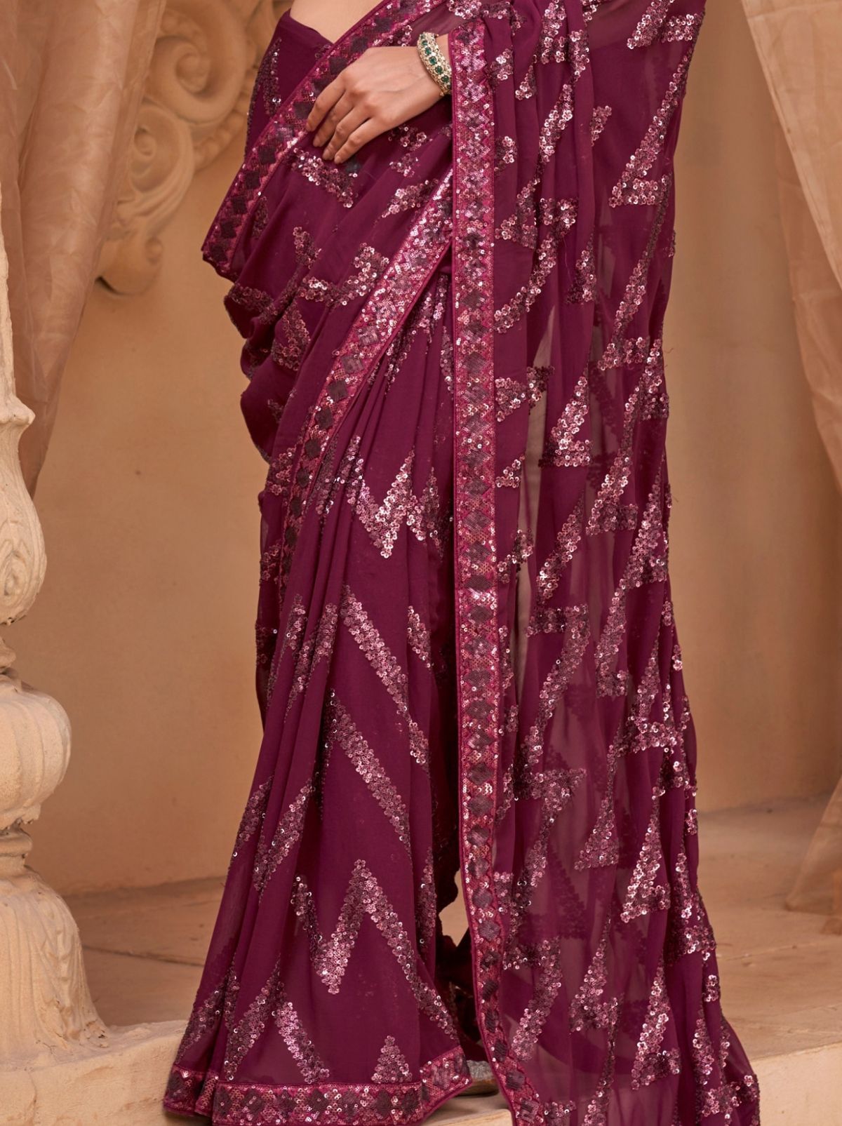 Burgundy Purple Luxury Georgette Silk Saree with Sequin & Thread Work