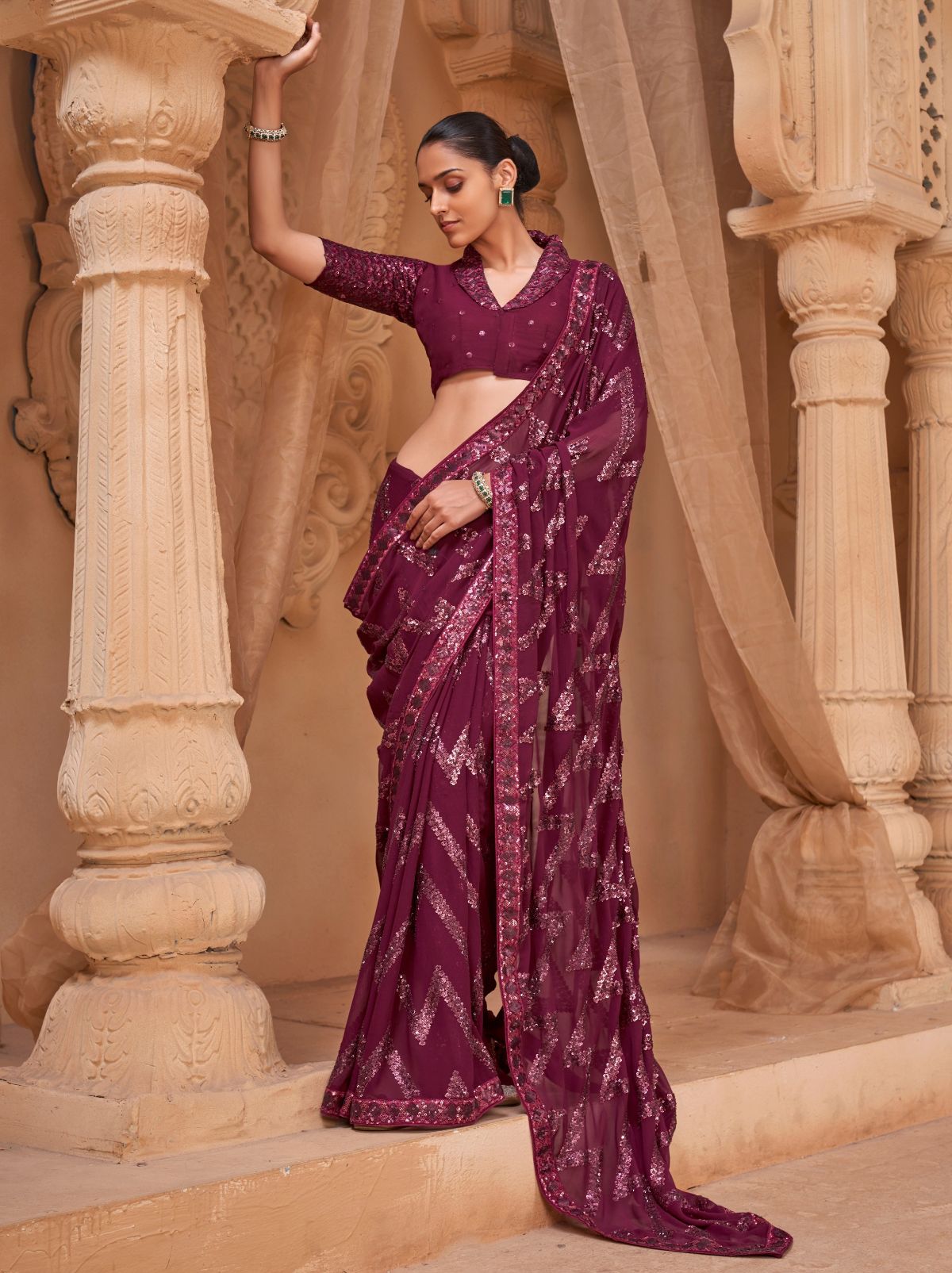 Burgundy Purple Luxury Georgette Silk Saree with Sequin & Thread Work