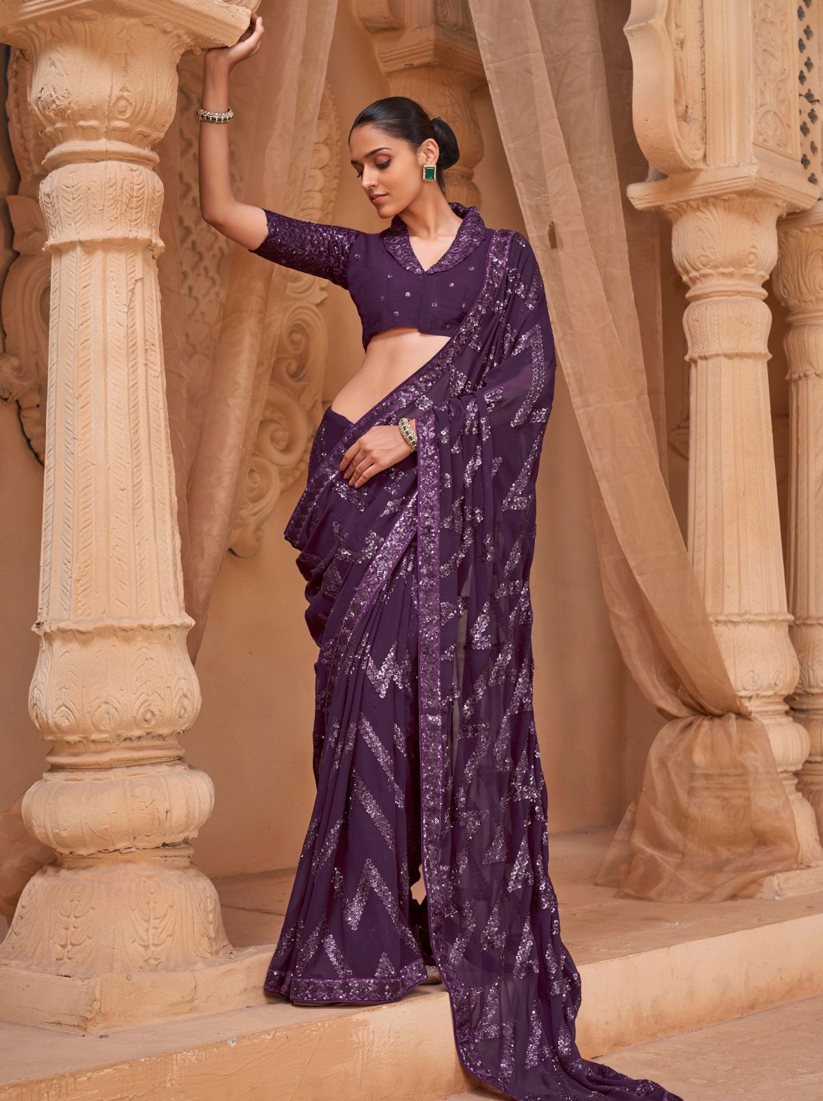 Eggplant Purple Luxury Georgette Silk Saree With Sequin & Thread Work