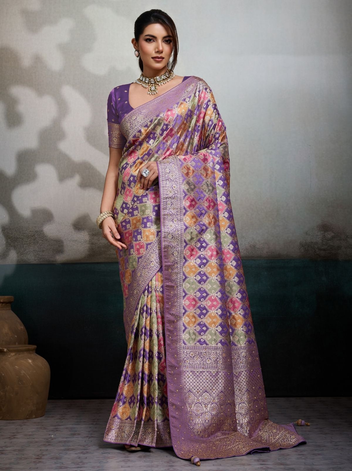 Lilac Purple Luxury Satin Jacquard Saree With Blouse Piece