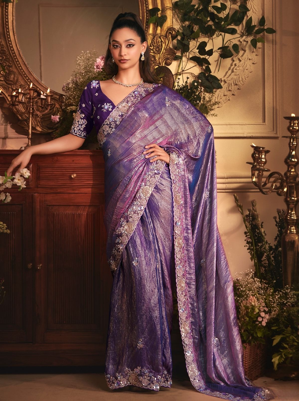 Royal Purple Luxury Tissue Organza Party Wear Saree